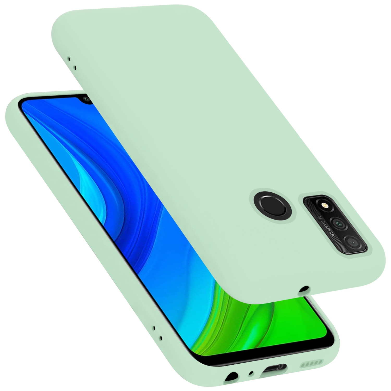 Minzgrüne Handyhülle und Telefon. Telefon hat Kamera-Array. Hülle liegt über dem Telefon.
