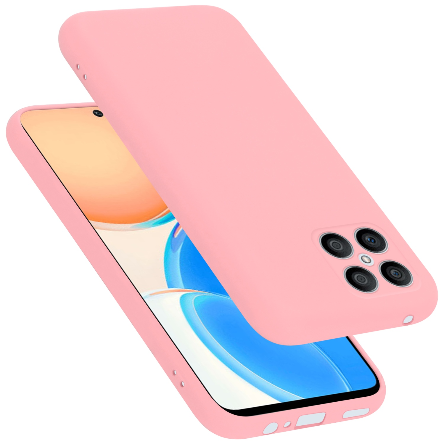 Rosa Handyhülle mit Telefon, zeigt die Kamera. Weißer Hintergrund.