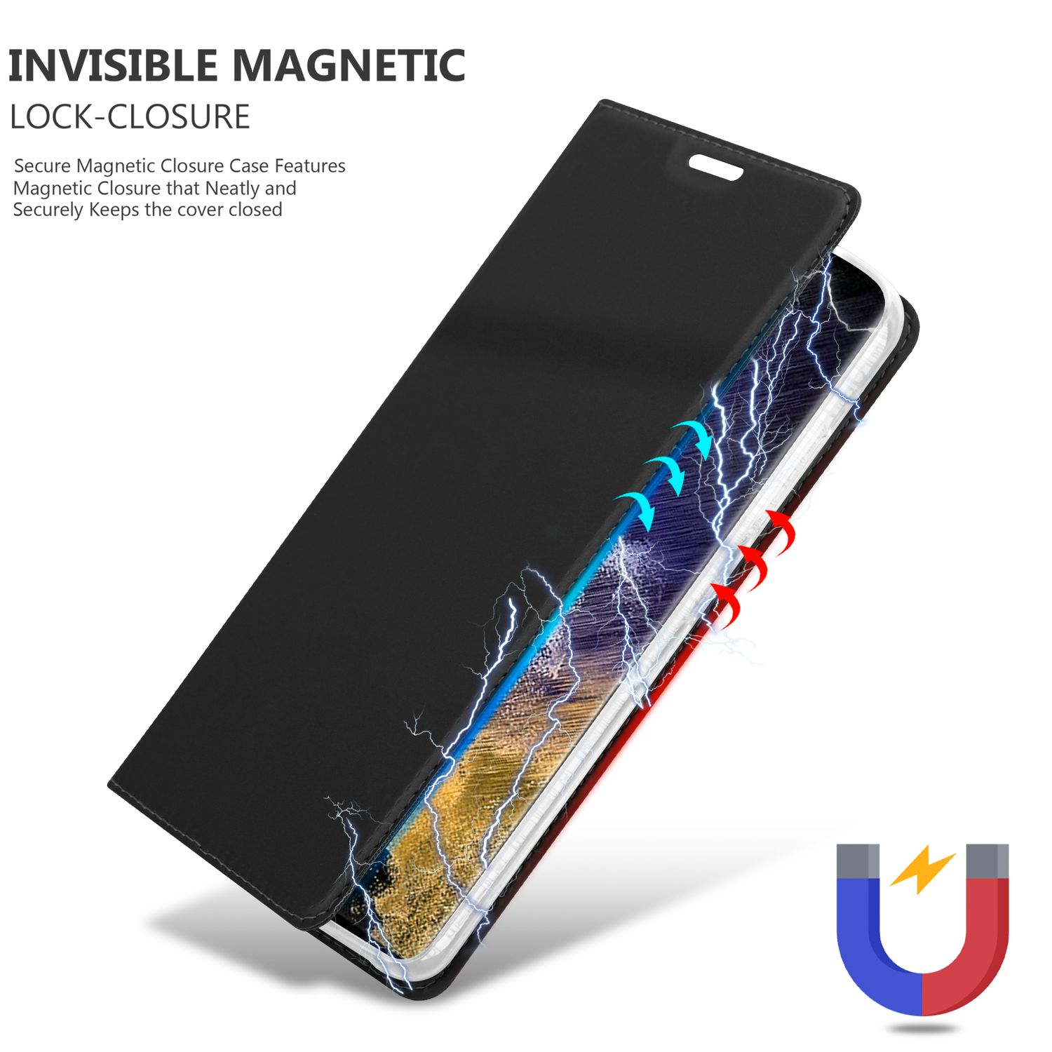Schwarze Handyhülle mit Magnetverschluss, die das Telefon mit Blitzeffekten zeigt.