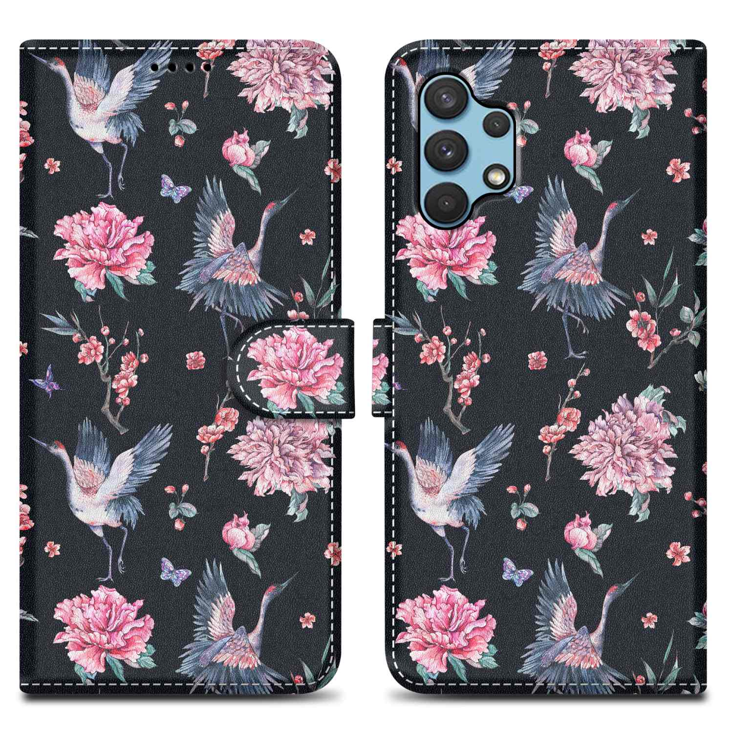 Eine Handyhülle mit Kranichen, Blumen und Schmetterlingen auf schwarzem Hintergrund, geöffnet mit Telefon.