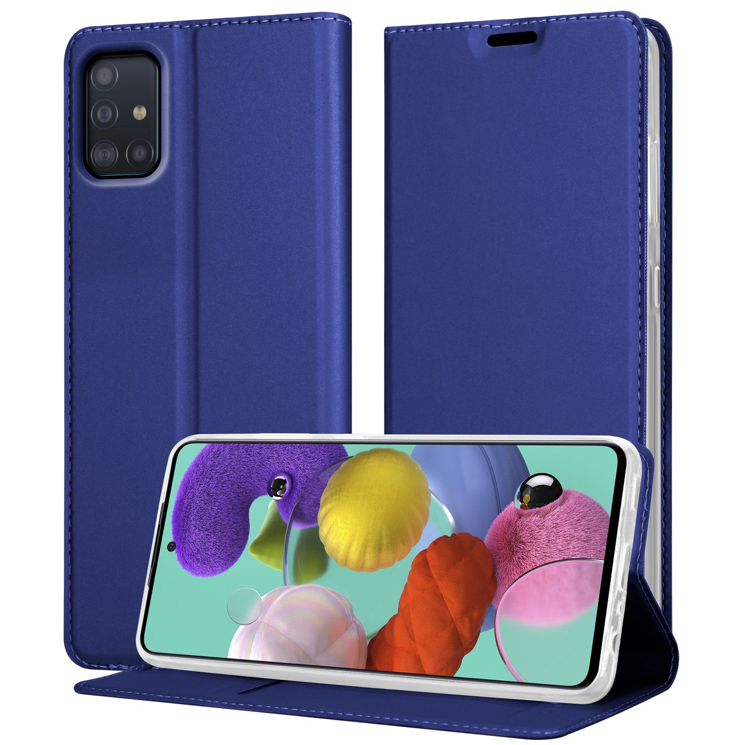 Custodia blu con un telefono dentro. Il telefono ha più fotocamere.