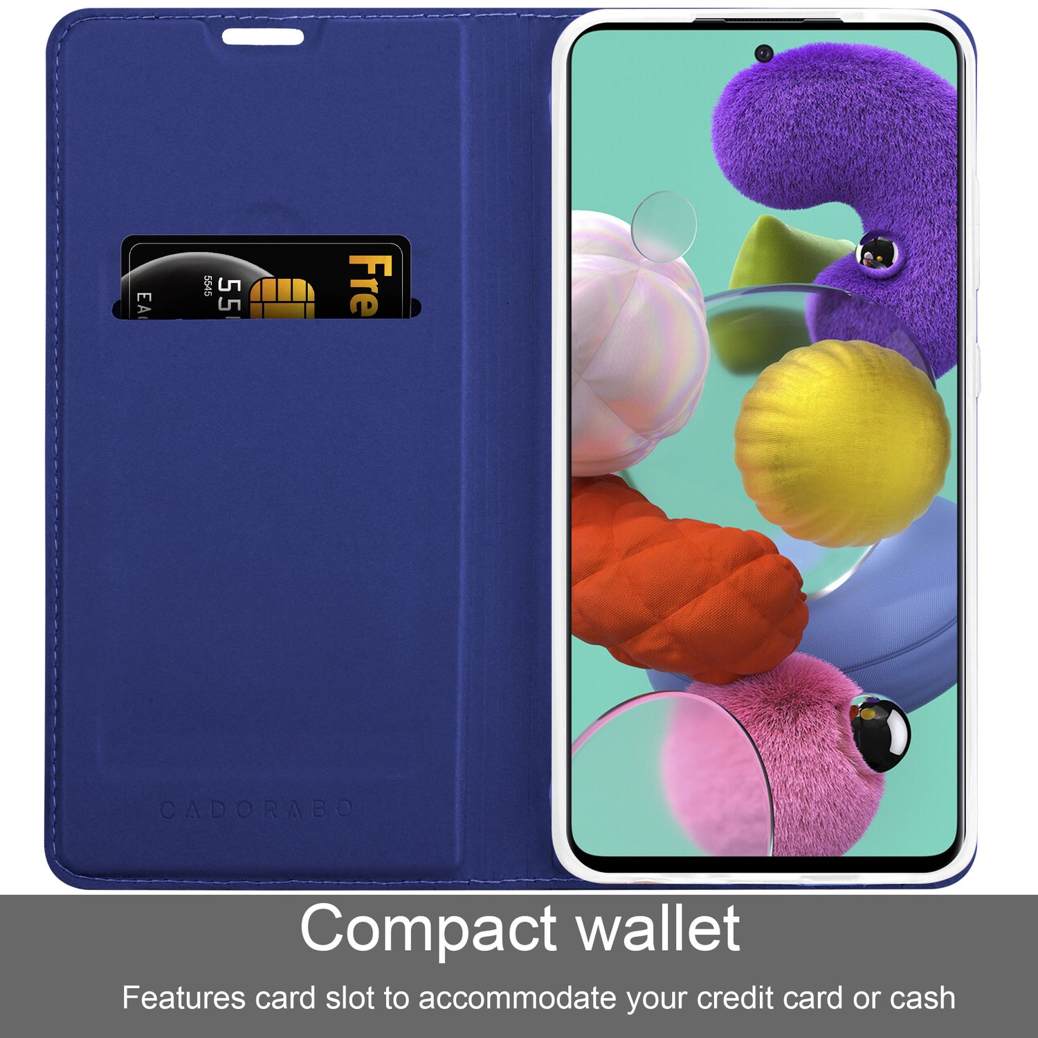 Custodia blu per telefono con carta di credito nello slot e schermo del telefono visibile.