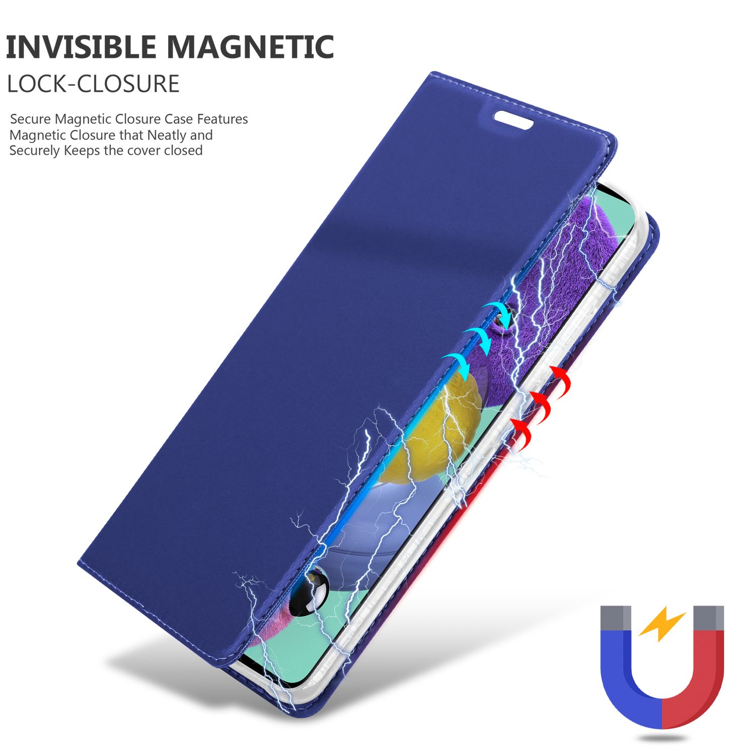 Custodia blu con chiusura magnetica invisibile, effetto fulmine e un magnete a forma di U.
