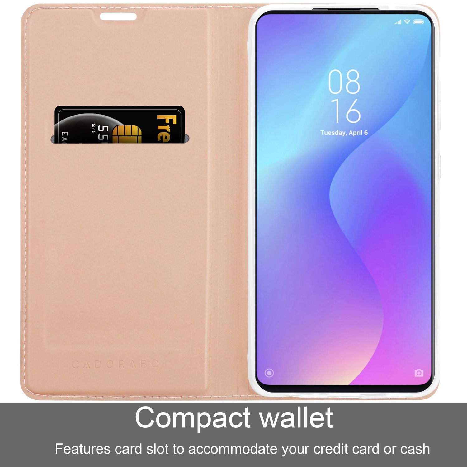 Custodia per telefono a portafoglio rosa aperta, con scomparto per carte e telefono che mostra data e ora.