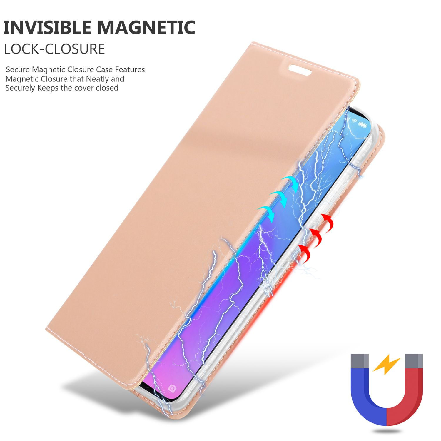 Custodia per telefono con chiusura magnetica. L'illustrazione mostra la custodia chiusa attorno a un telefono.