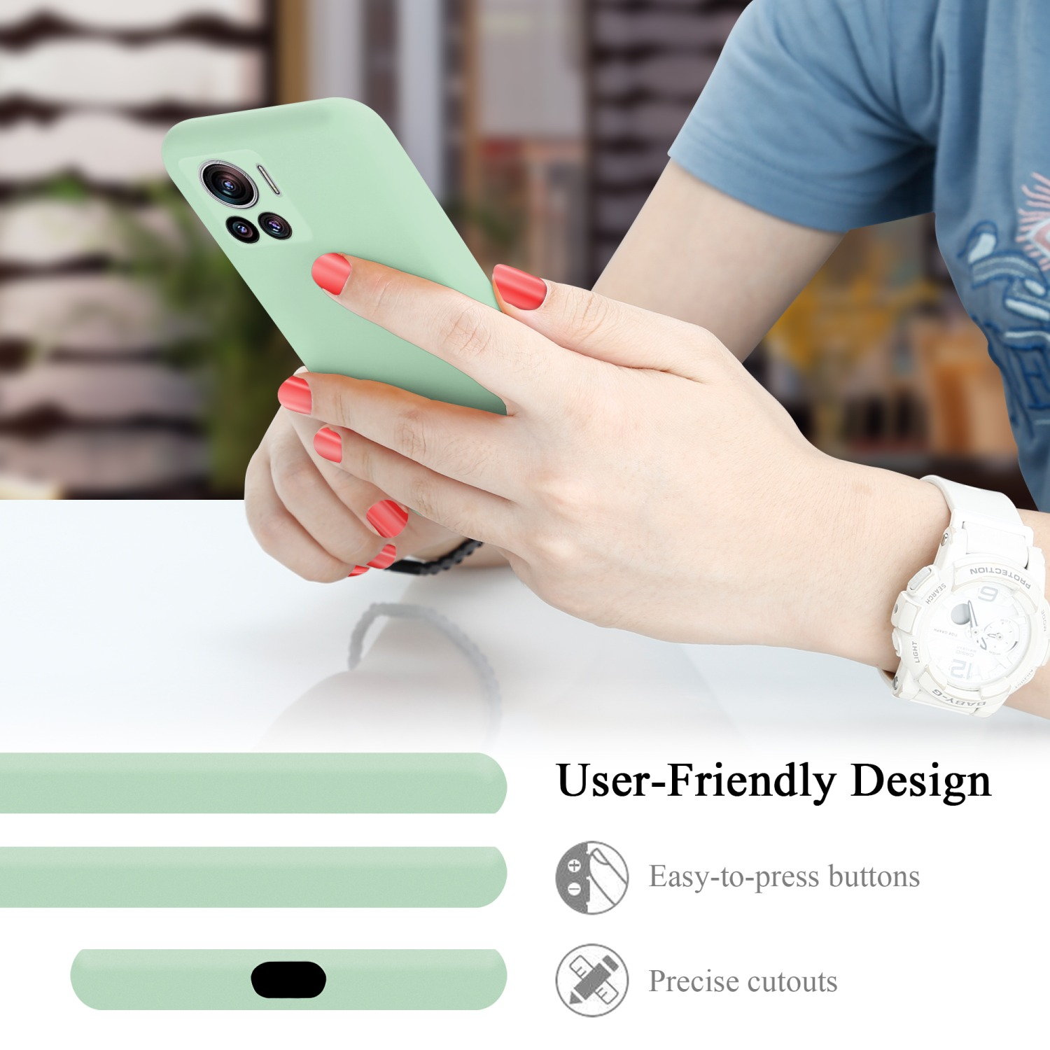 Mani che tengono un telefono con una custodia verde menta, con il testo: Design intuitivo.