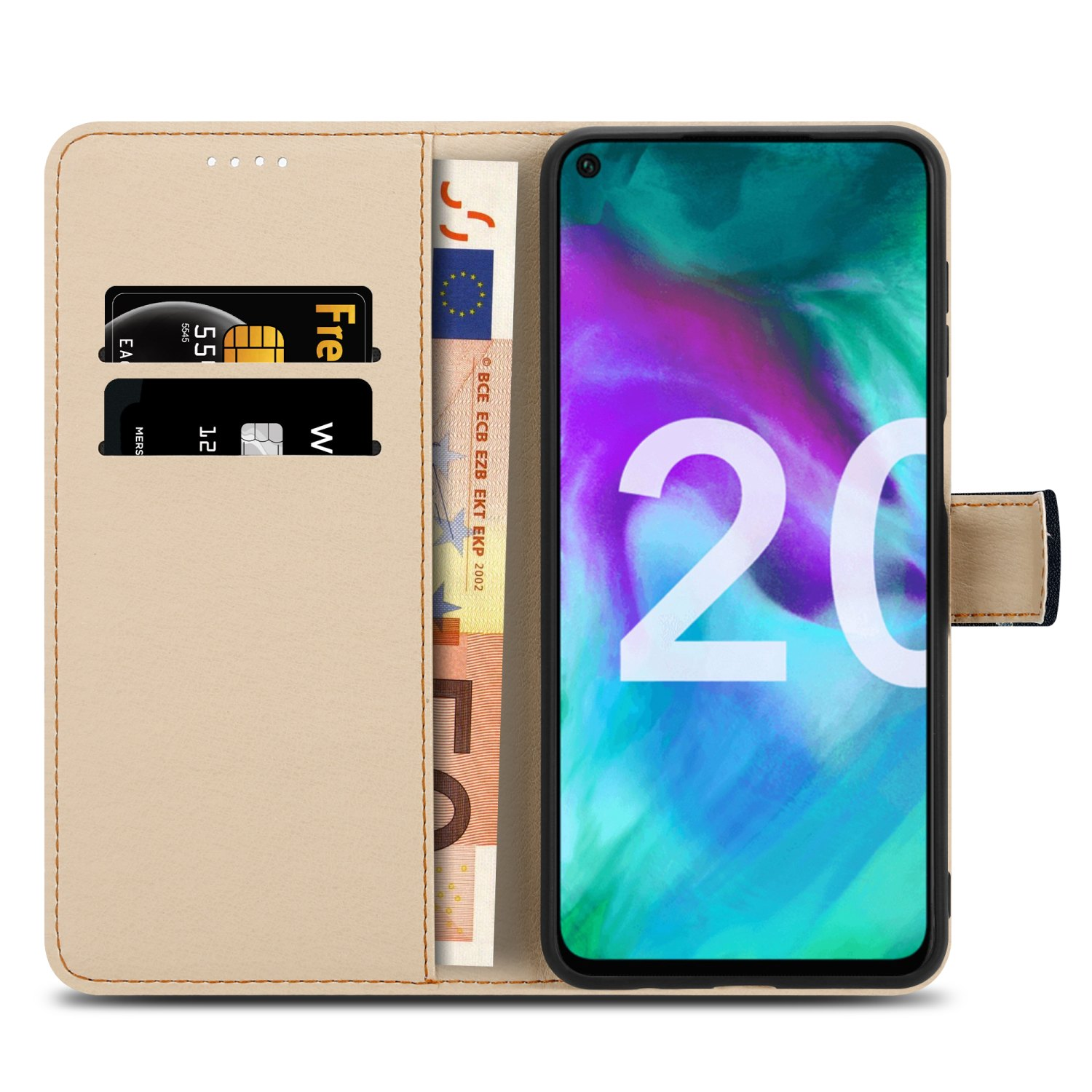 Beige Handy-Geldbörse offen, zeigt Telefon, Euro-Scheine und Kreditkarten. Telefon zeigt die Nummer 20.