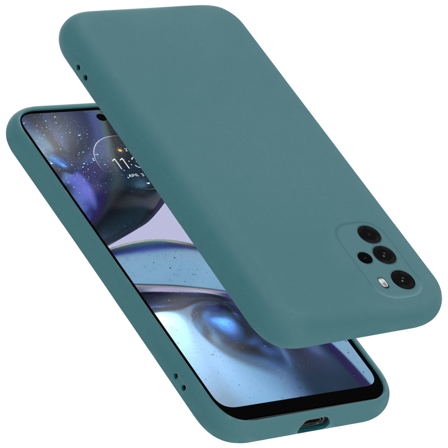Türkisfarbene Handyhülle und Telefon mit Kamera. Das Telefon hat einen Bildschirm mit Uhrzeit.