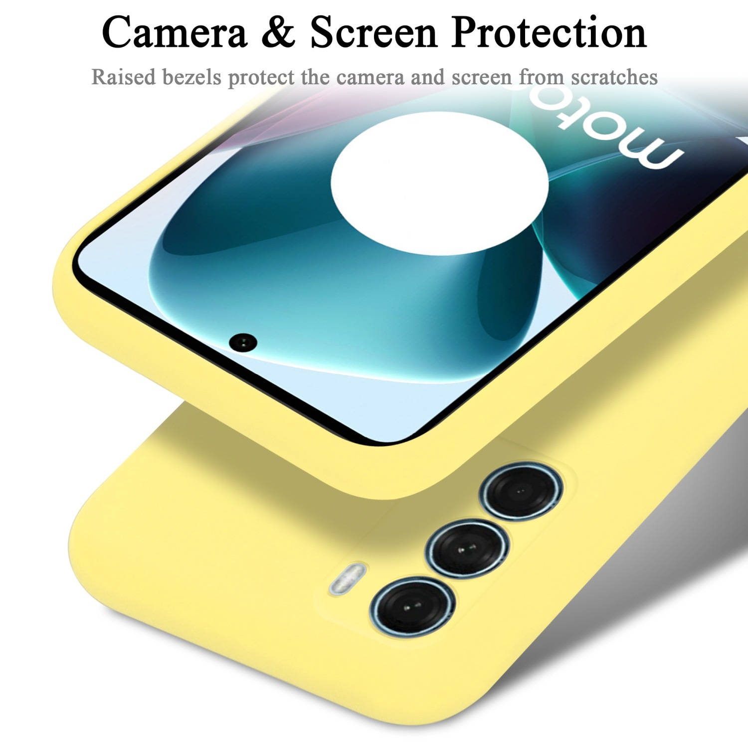 Eine gelbe Handyhülle mit einem Telefon. Der Satz 'Camera & Screen Protection' steht oben.