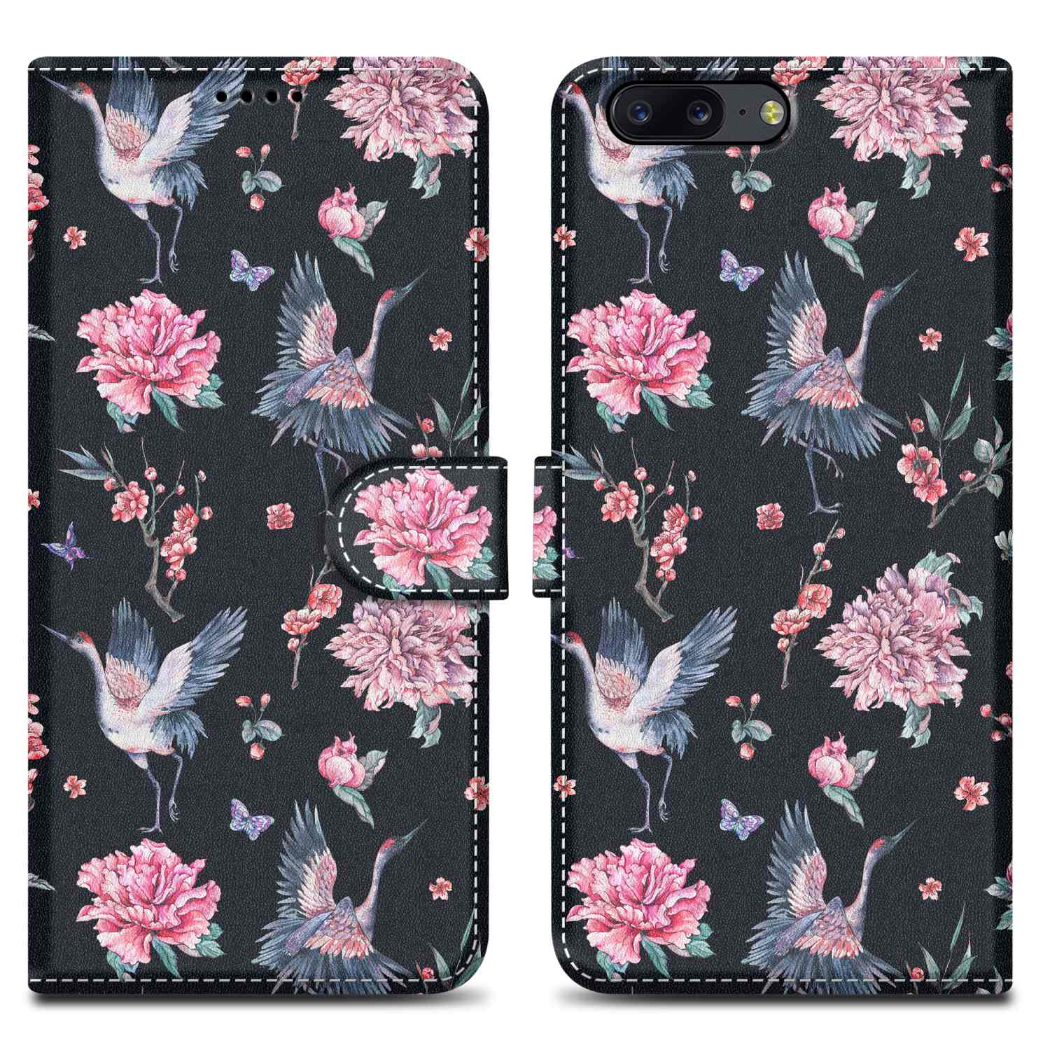 Custodia aperta, nera, gru, fiori, farfalle, con telefono dentro, sfondo nero.
