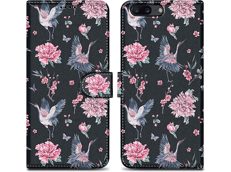 9 5, Book No. Design, Blumen & im CADORABO Hülle Print Kranich Bookcover, OnePlus,