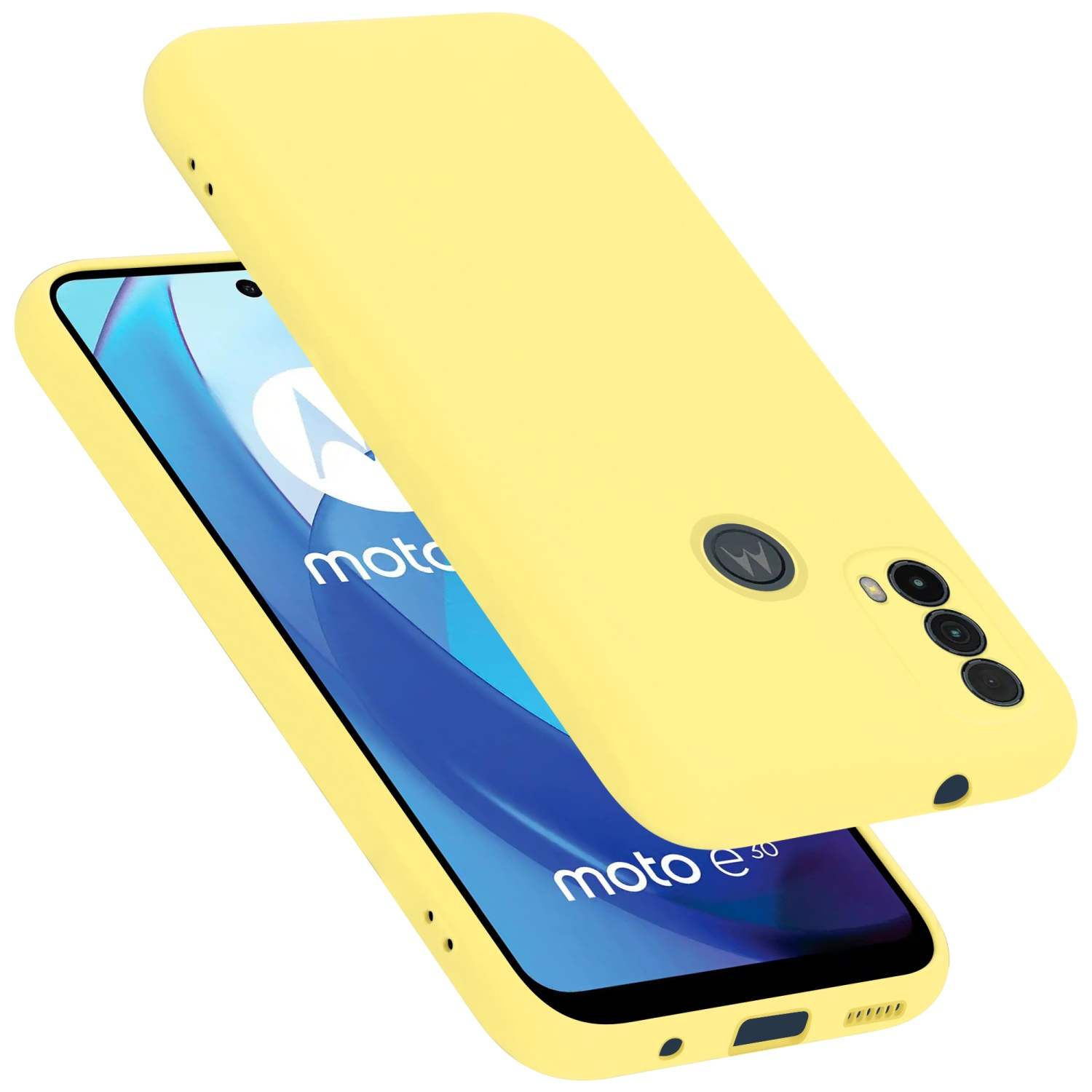 Telefono e custodia gialli, leggermente angolati. Lo schermo del telefono è visibile.