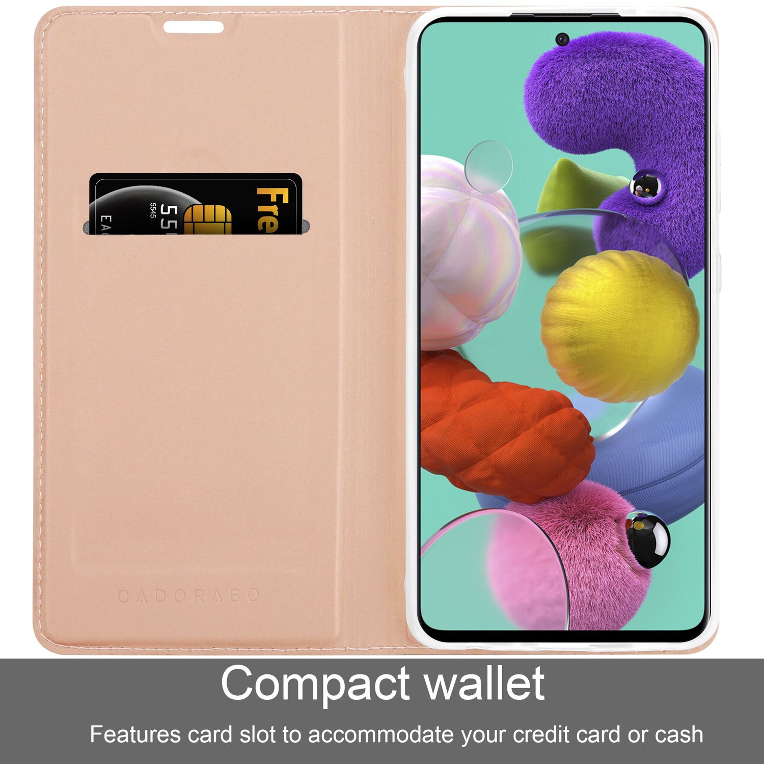 Custodia del telefono aperta, con uno slot per carte di credito e un telefono che mostra uno schermo colorato.