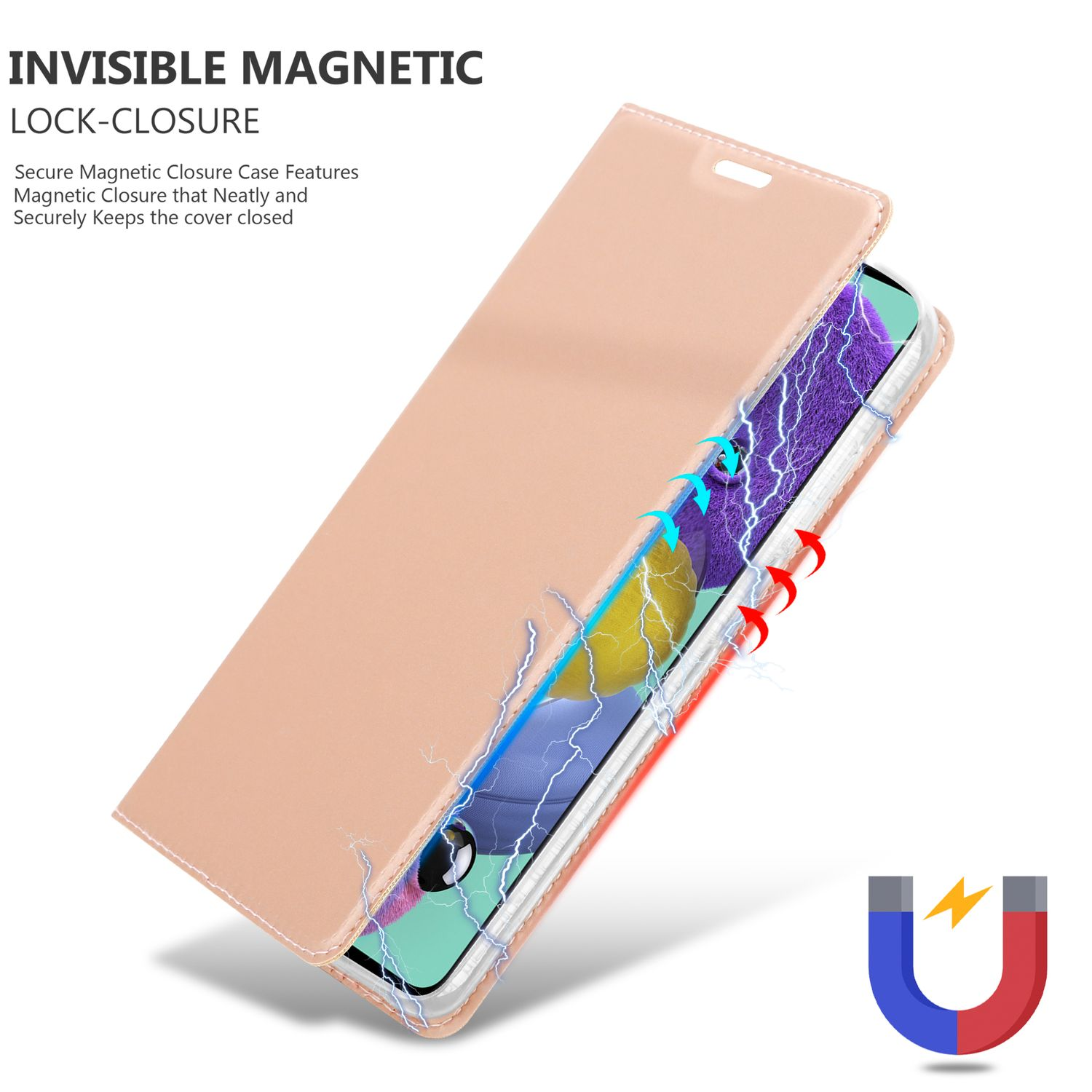 Una custodia per telefono con un telefono all'interno. La custodia è aperta e ha una chiusura magnetica.