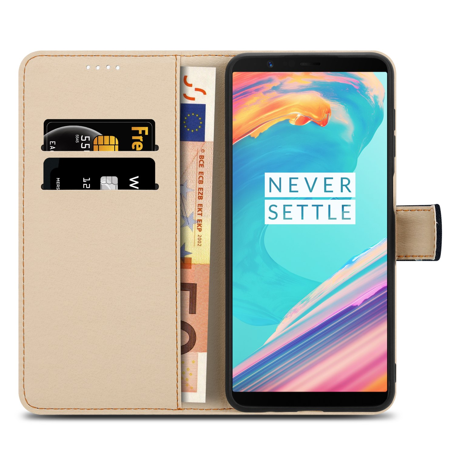 Custodia del telefono aperta con telefono, carte e banconote in euro. Colore beige chiaro.
