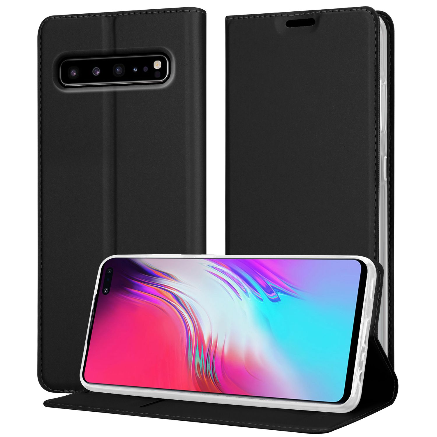 Schwarze Handyhülle, geöffnet und geschlossen, mit Telefon im Inneren. Das Telefon ist schwarz.
