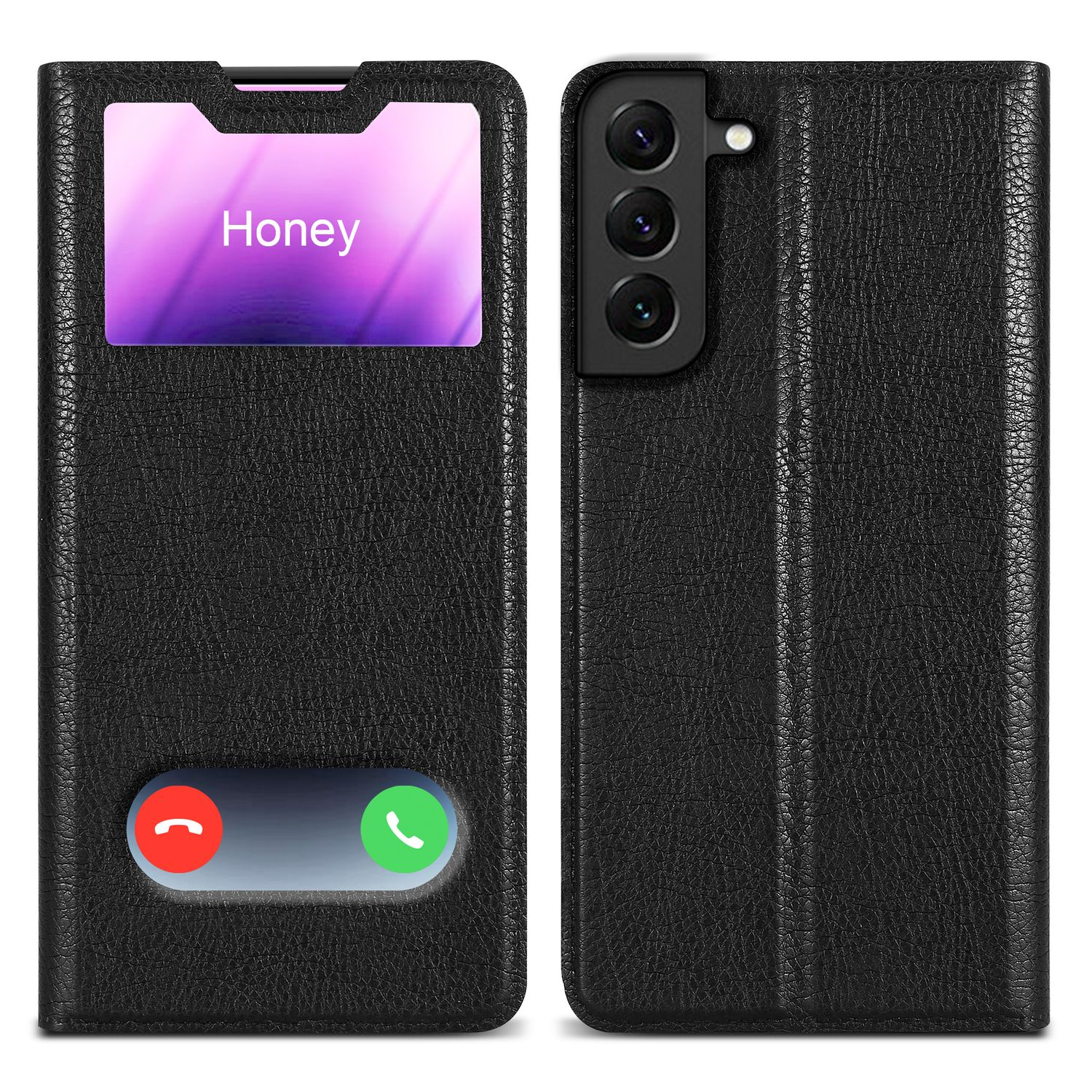 Schwarze Handyhülle offen, zeigt einen Telefonbildschirm mit Anrufschnittstelle und dem Namen 'Honey'.