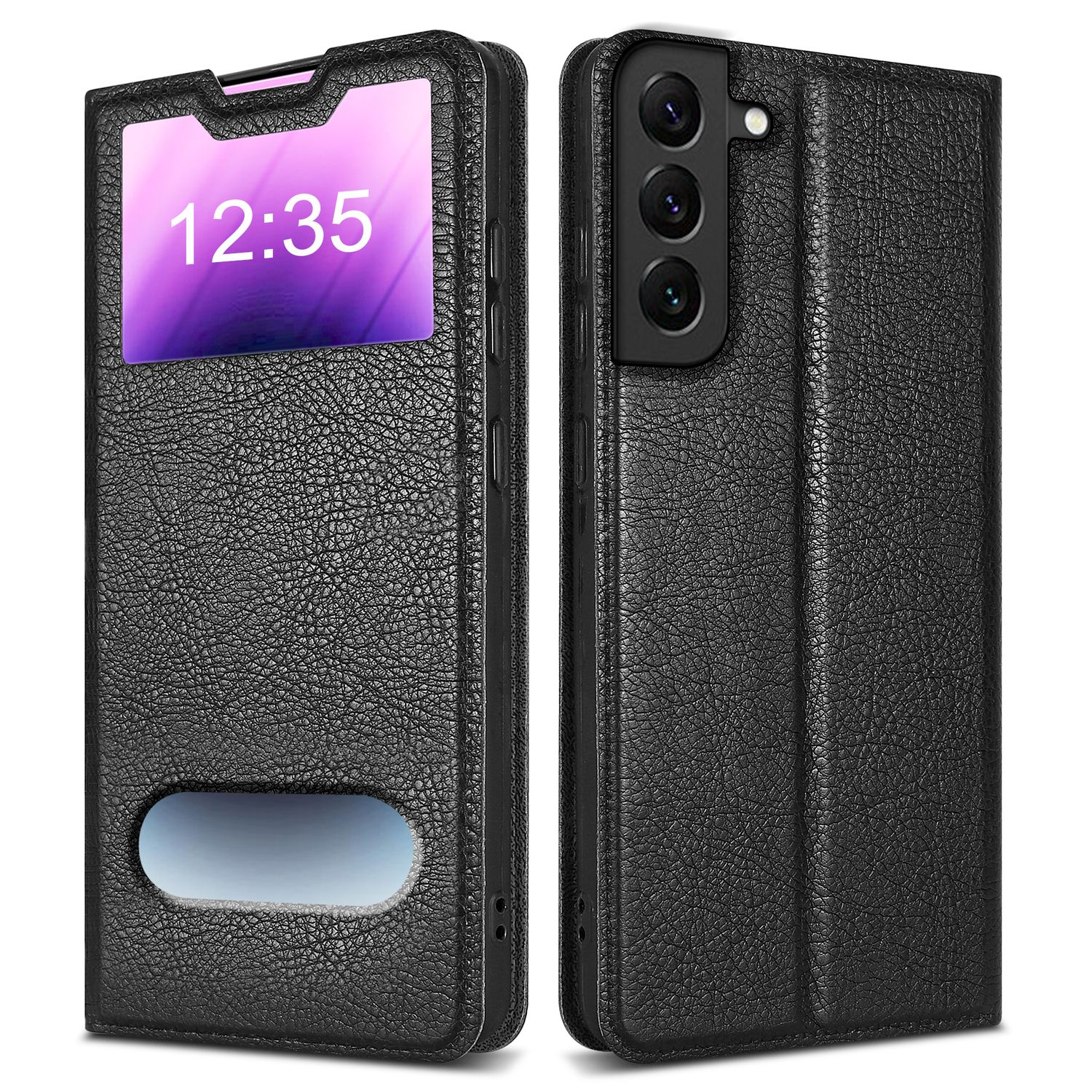Schwarze Handyhülle mit Fenster für die Zeitanzeige. Die Hülle befindet sich auf einem schwarzen Telefon.