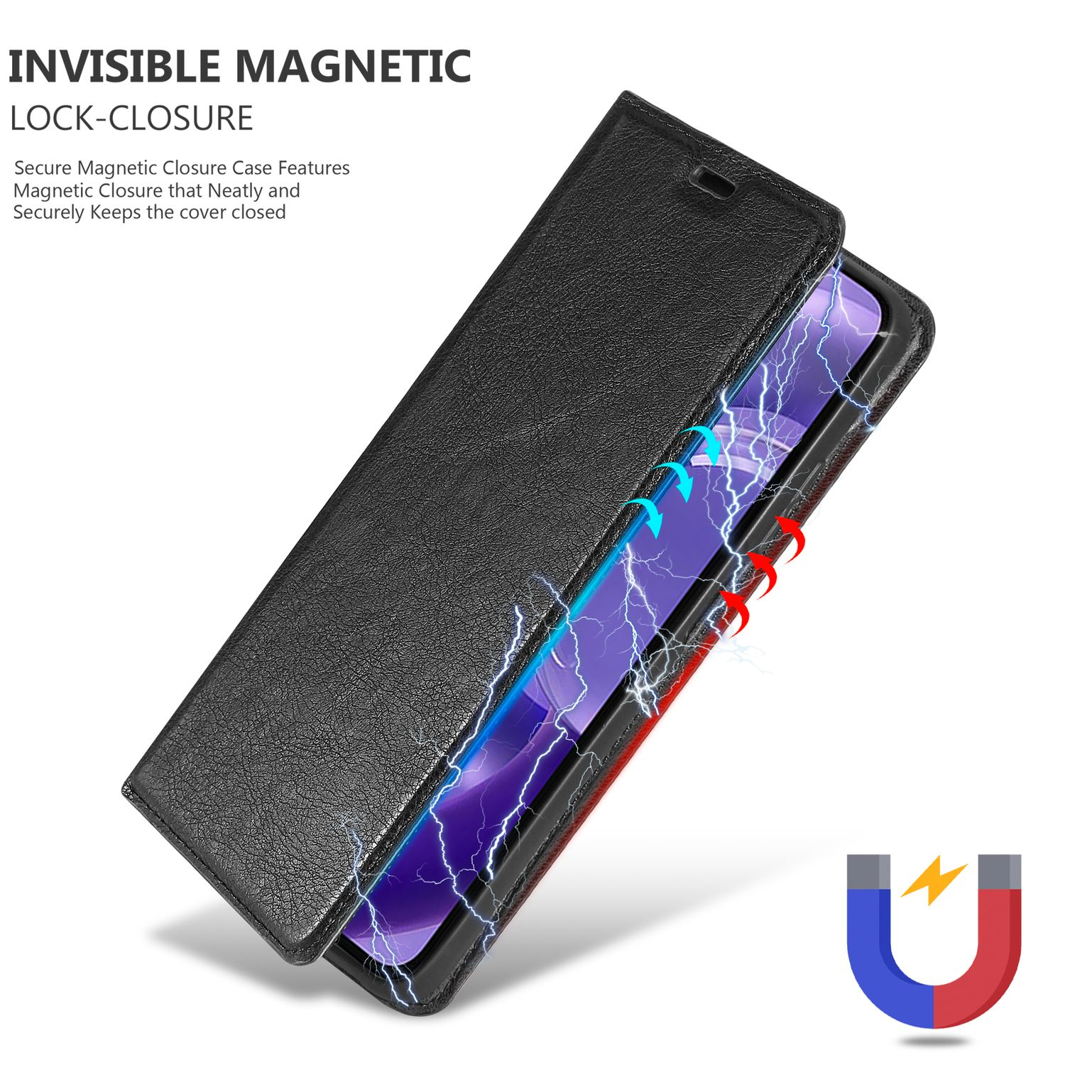Custodia nera aperta, chiusura magnetica, fulmine e magnete a U.