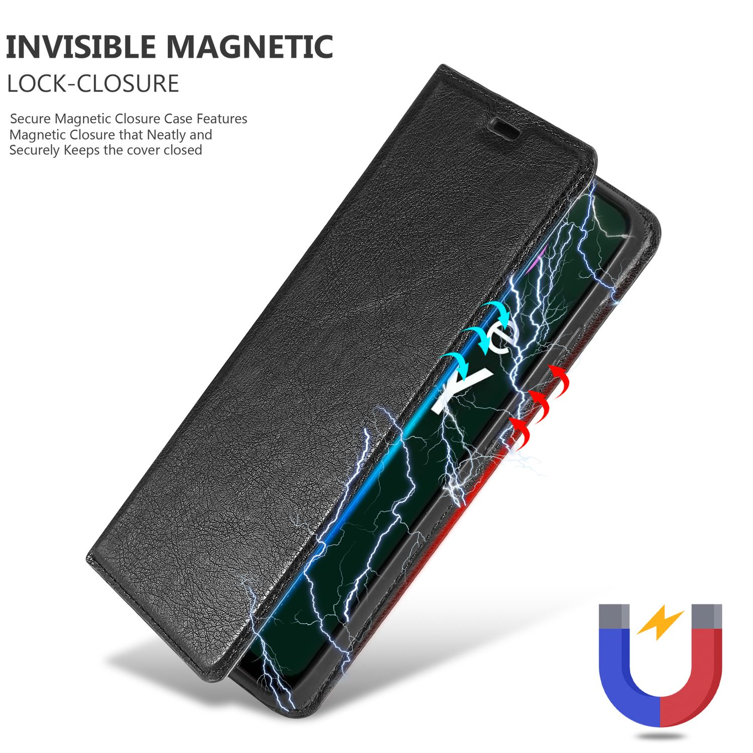 Custodia nera aperta, con telefono dentro. Chiusura magnetica mostrata.