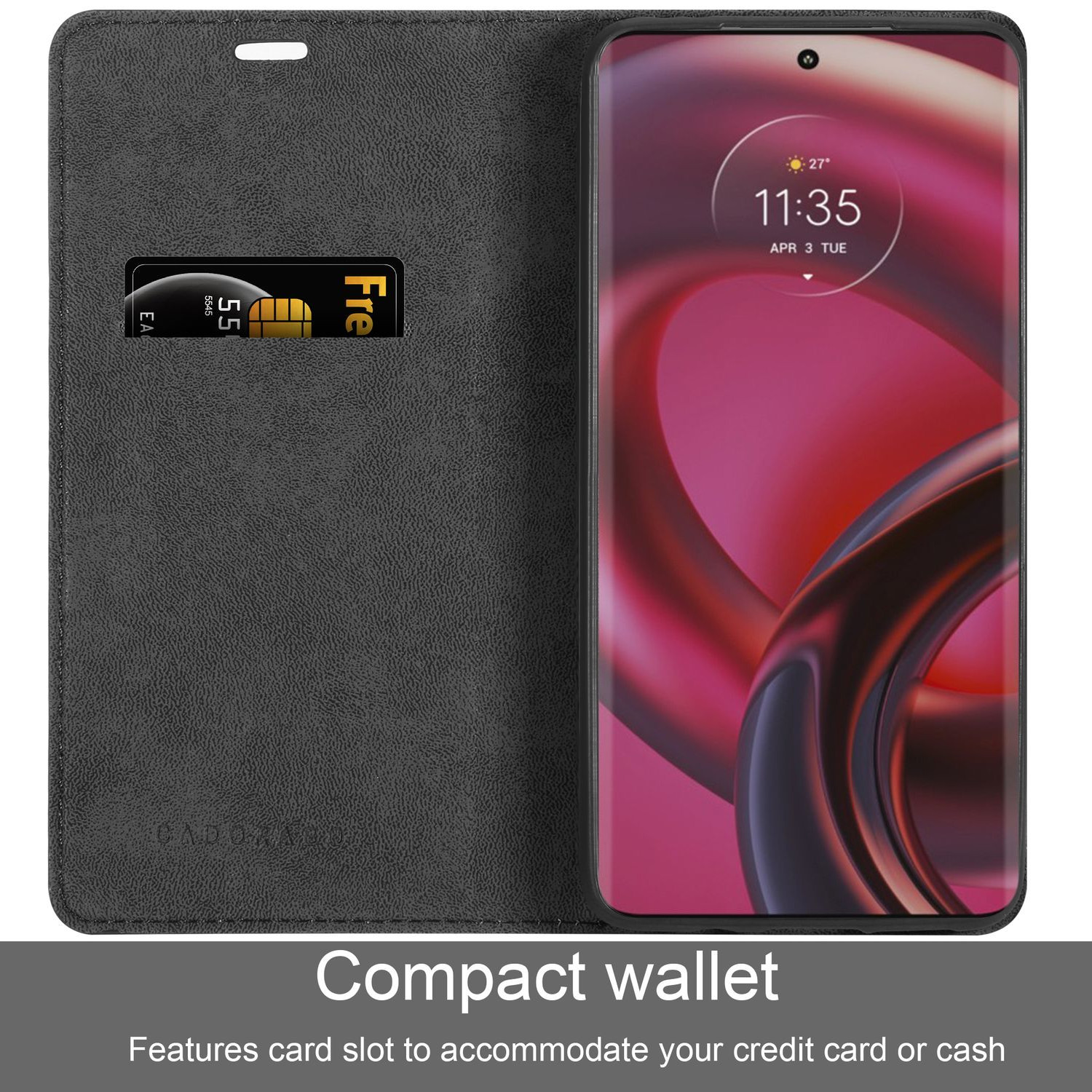 Custodia per telefono nera con fessura per carta di credito. Il telefono mostra l'ora. Sfondo con texture in pelle.