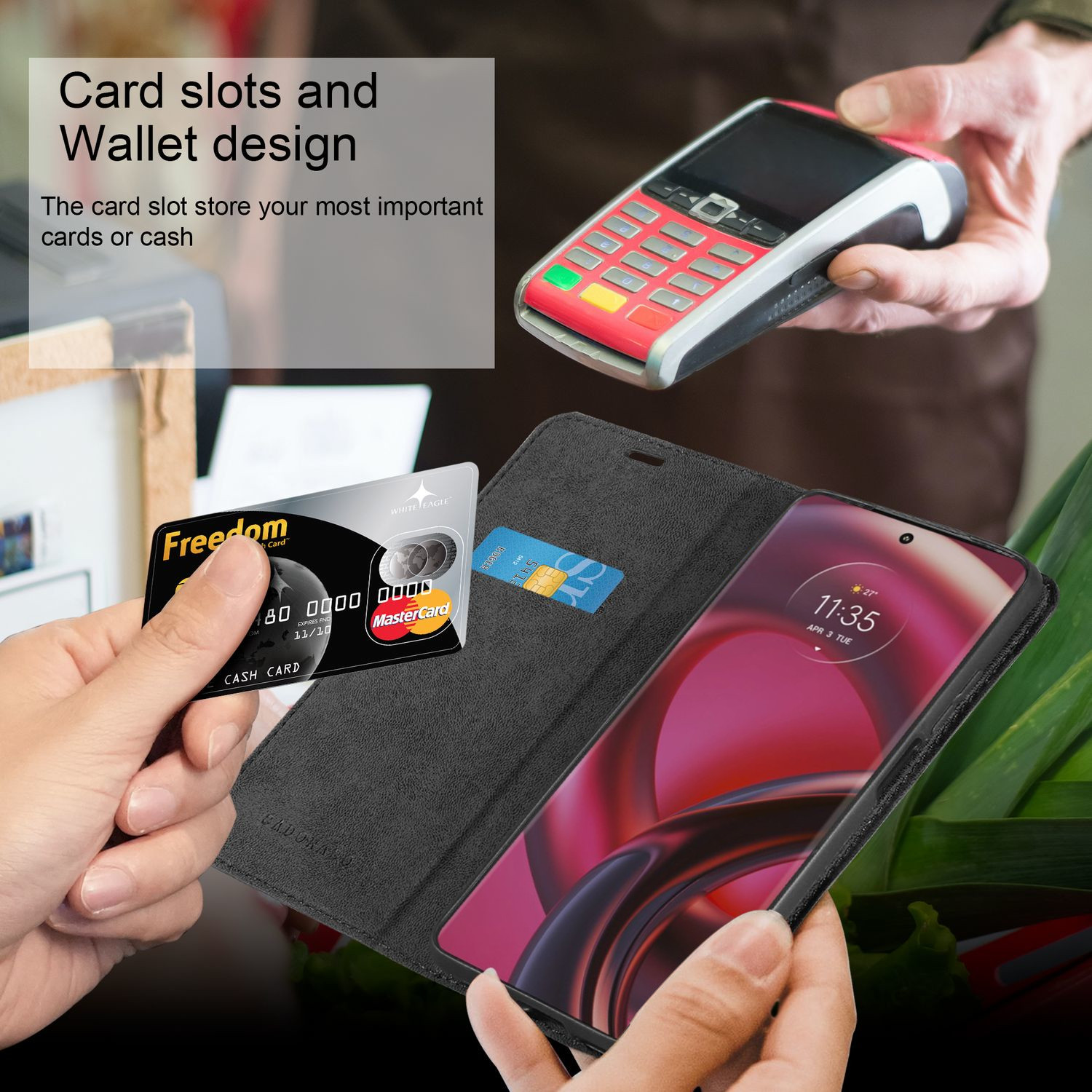 Custodia con slot per carte e design a portafoglio. Telefono, carte e POS visibili.