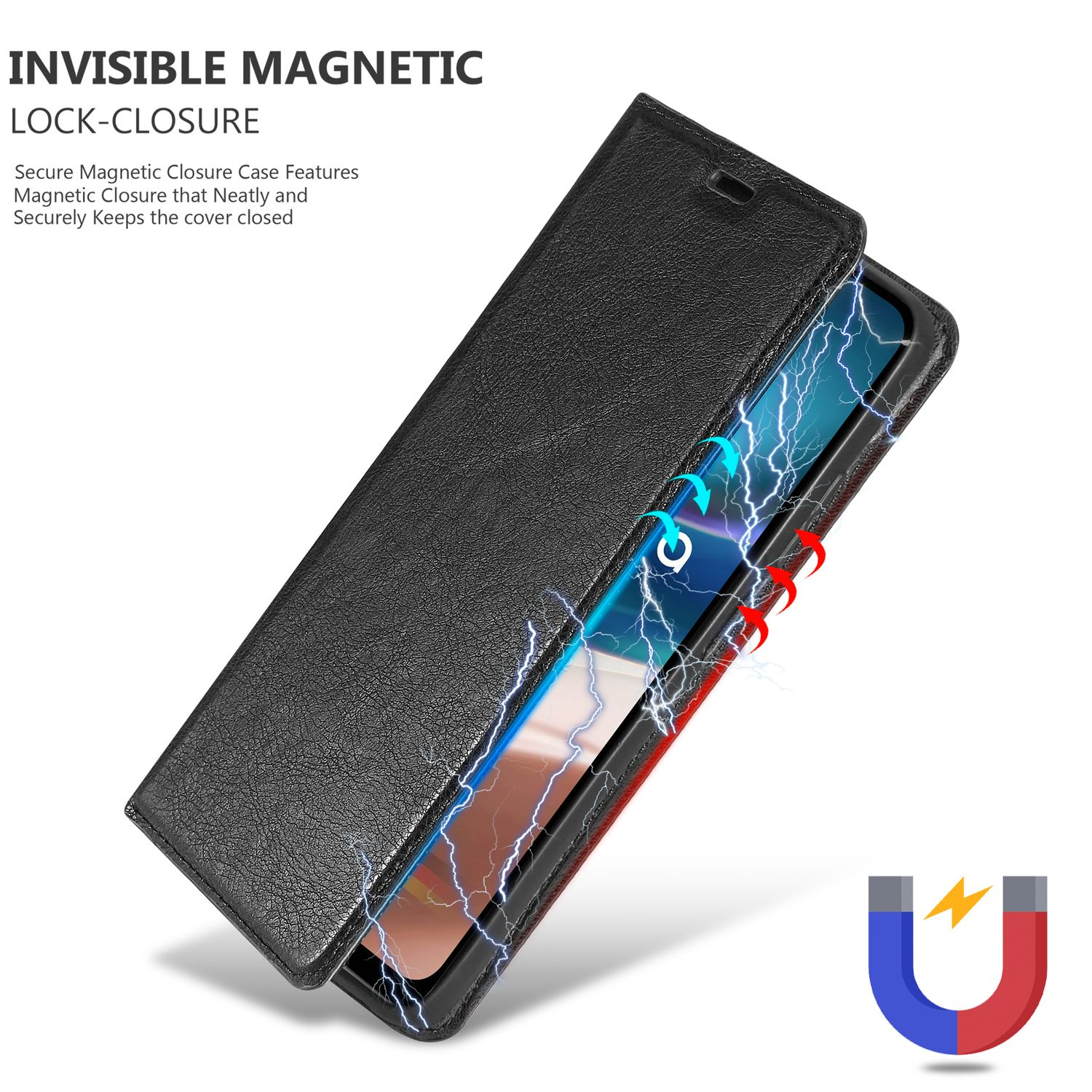 Custodia per telefono nera aperta, che mostra un telefono, con chiusura magnetica e simbolo U.
