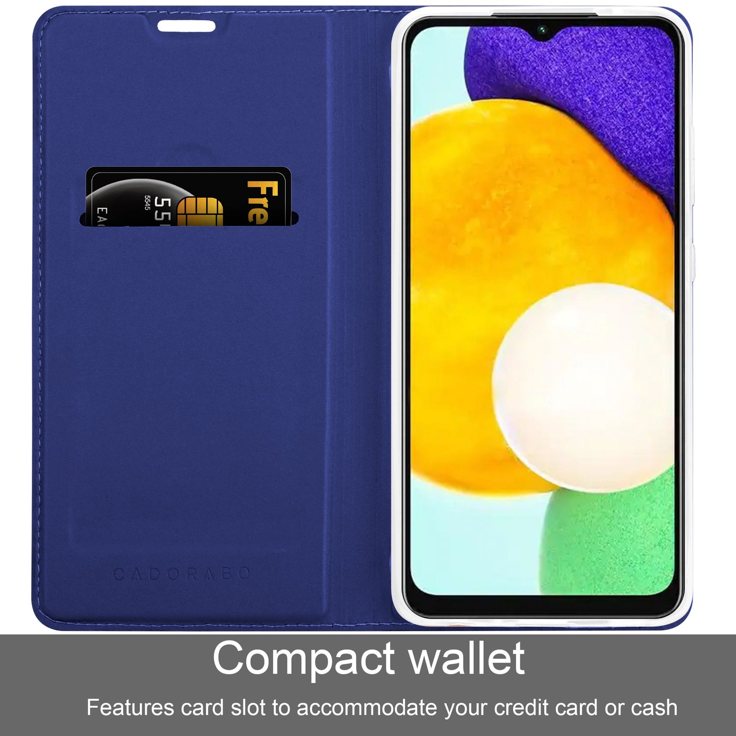 Custodia per telefono blu, aperta per rivelare un telefono e uno slot per schede. Il telefono mostra un'immagine colorata.