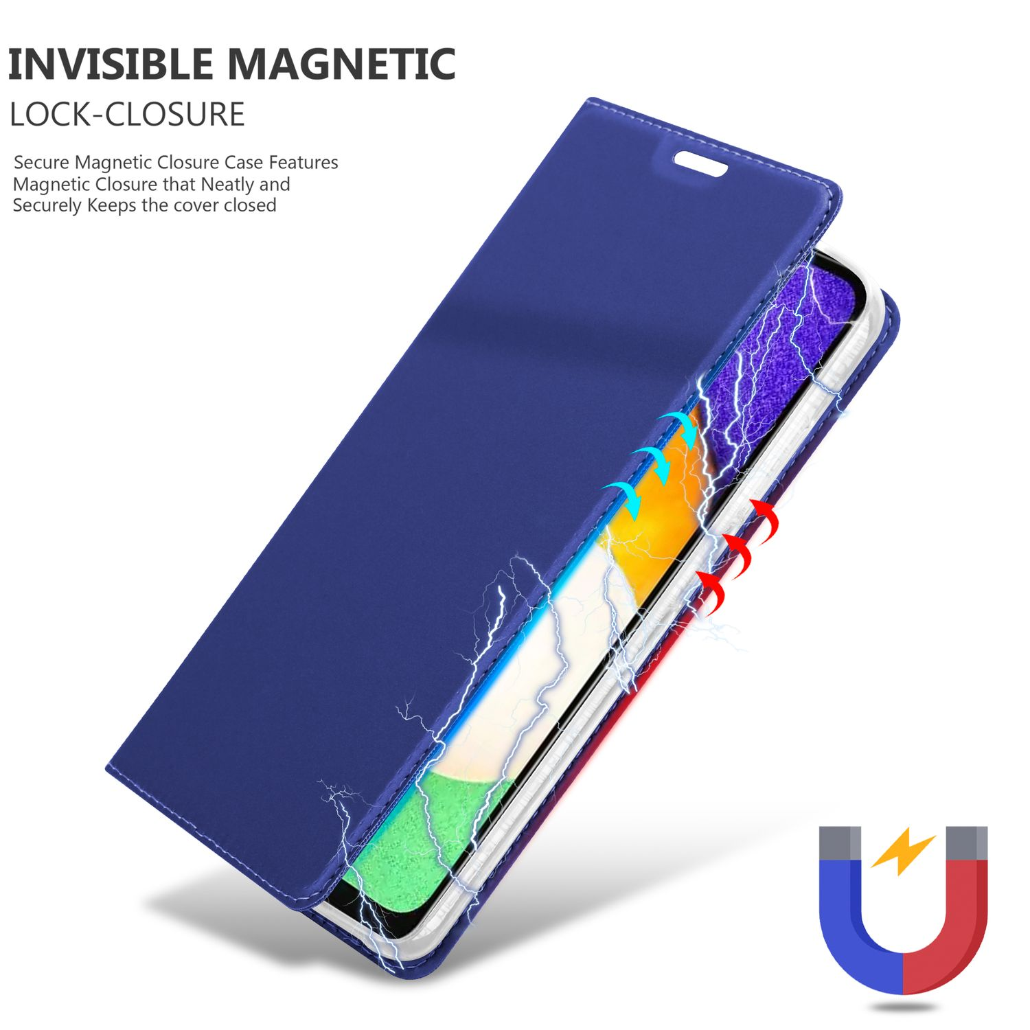 Custodia blu aperta, che mostra il telefono. Linee magnetiche e icona del magnete a destra.