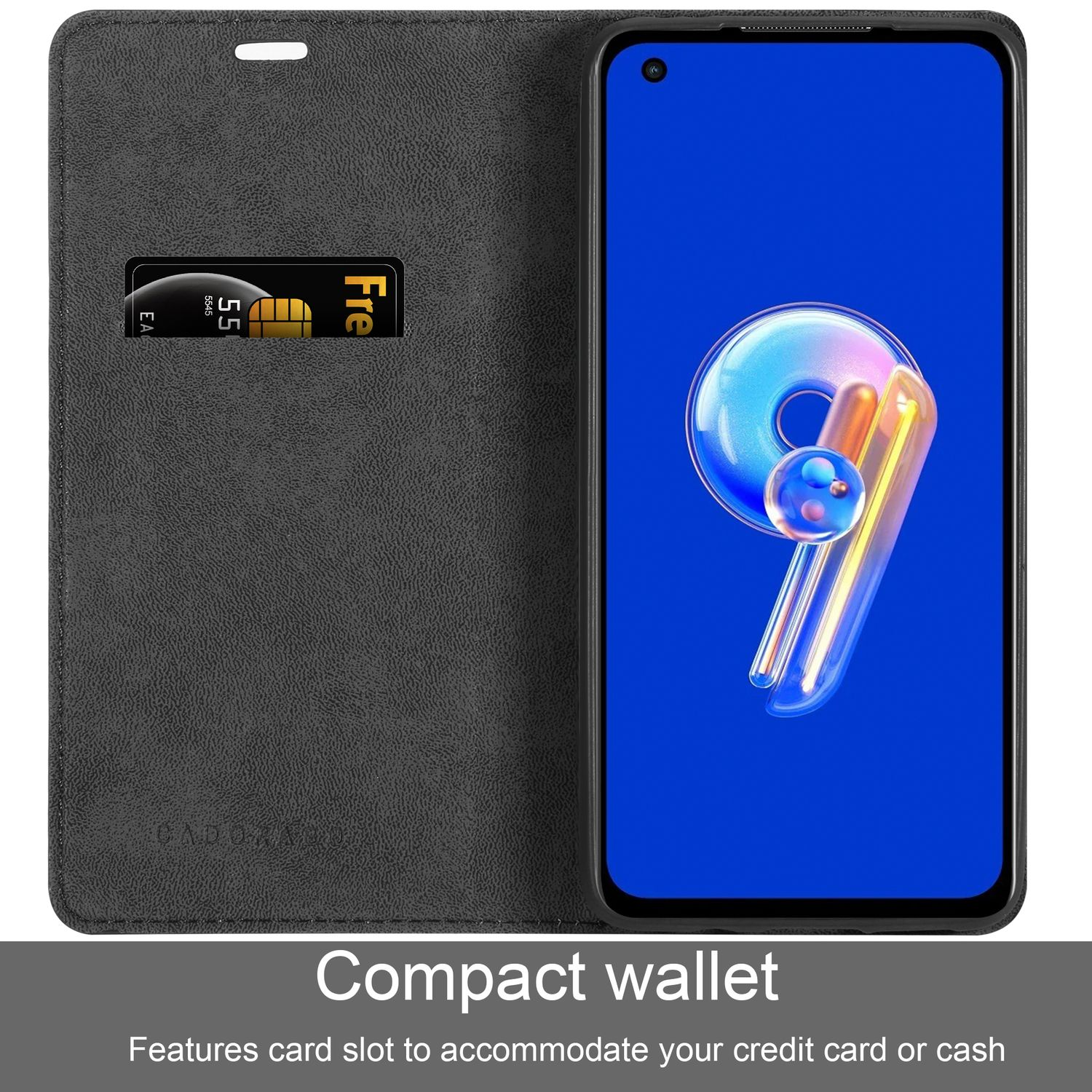 Custodia nera con fessura per carte aperta, schermo del telefono blu.