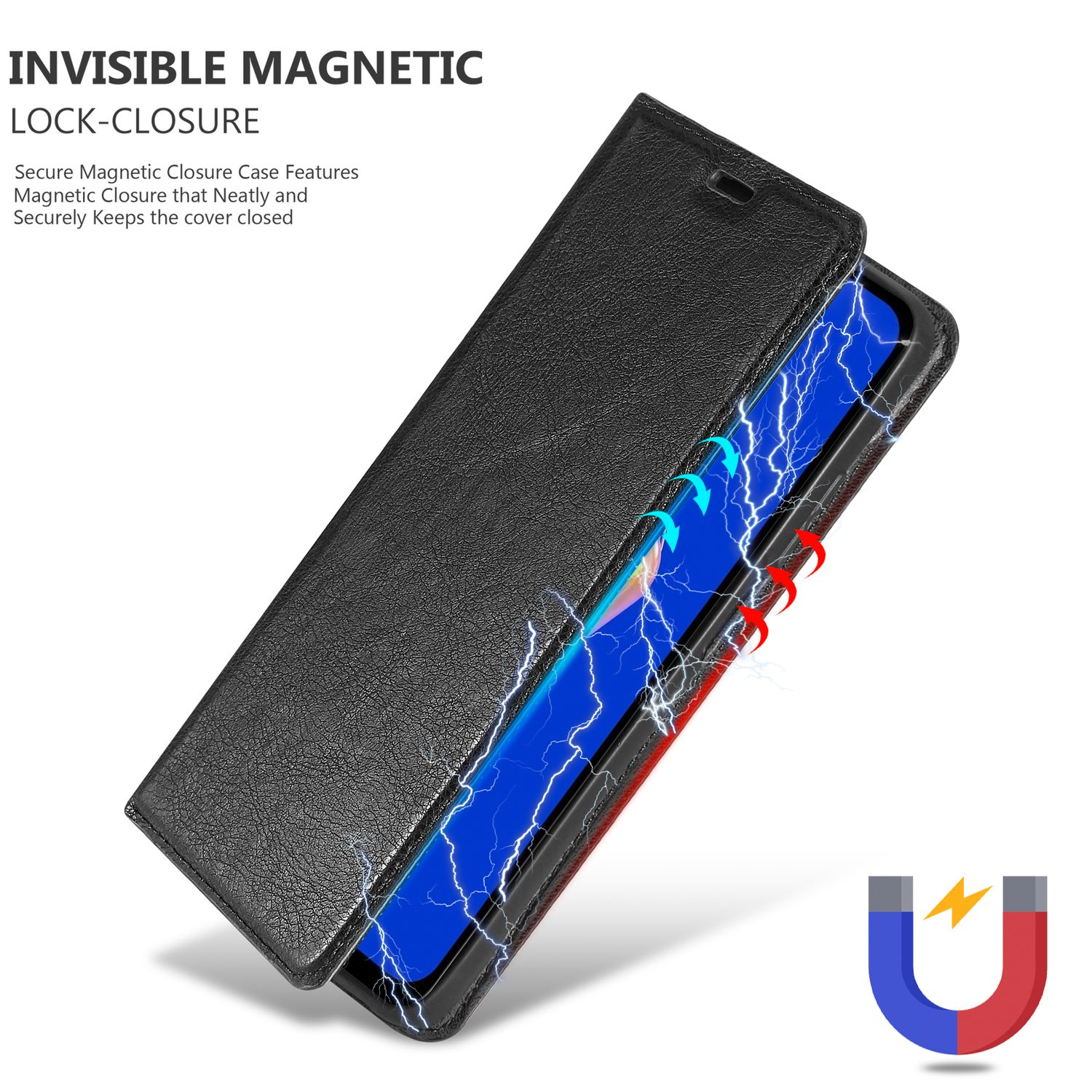 Custodia nera per telefono aperta con smartphone. Effetto fulmine attorno al telefono. Simbolo magnete a destra.
