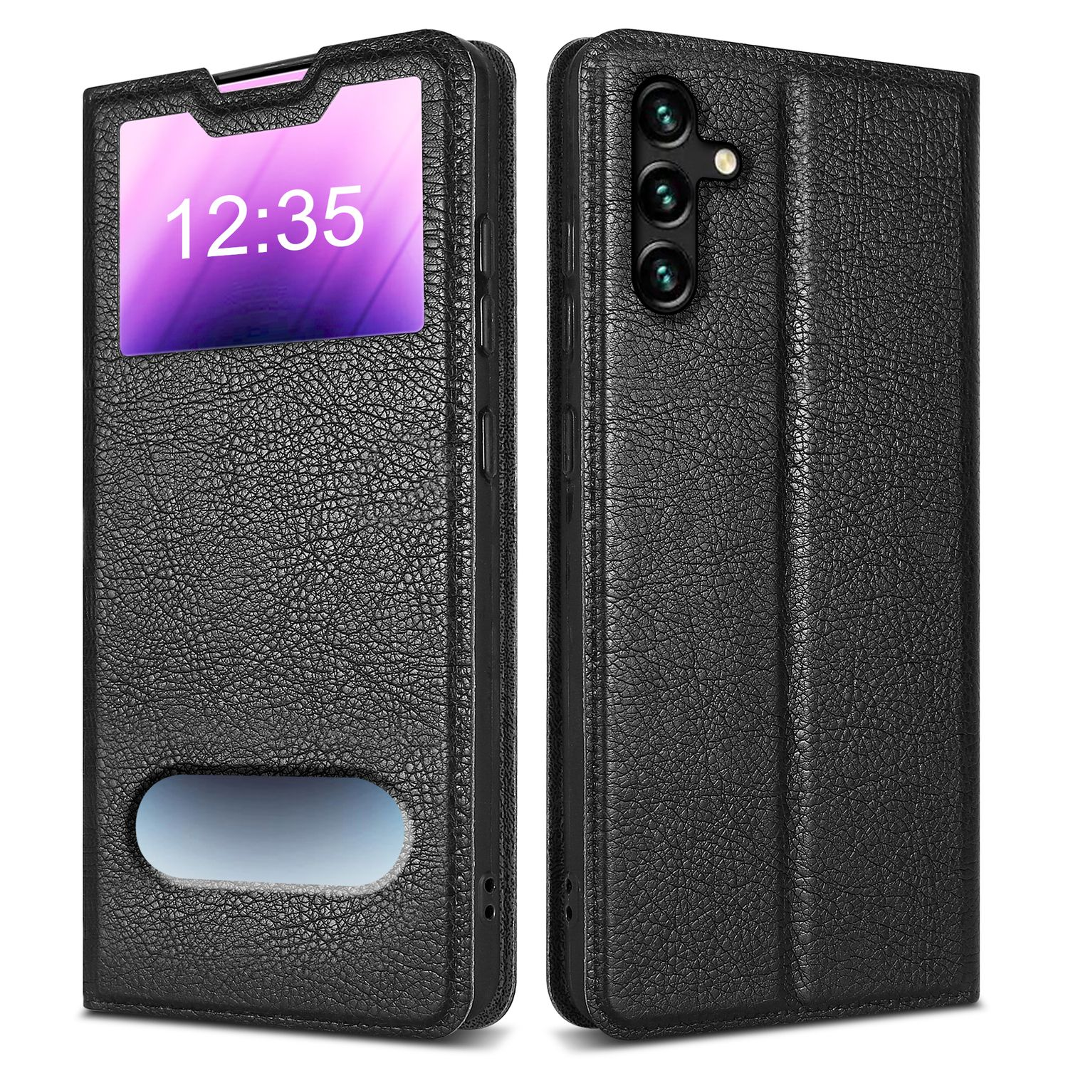 Custodia per telefono nera con finestra sullo schermo e un telefono con tre fotocamere.