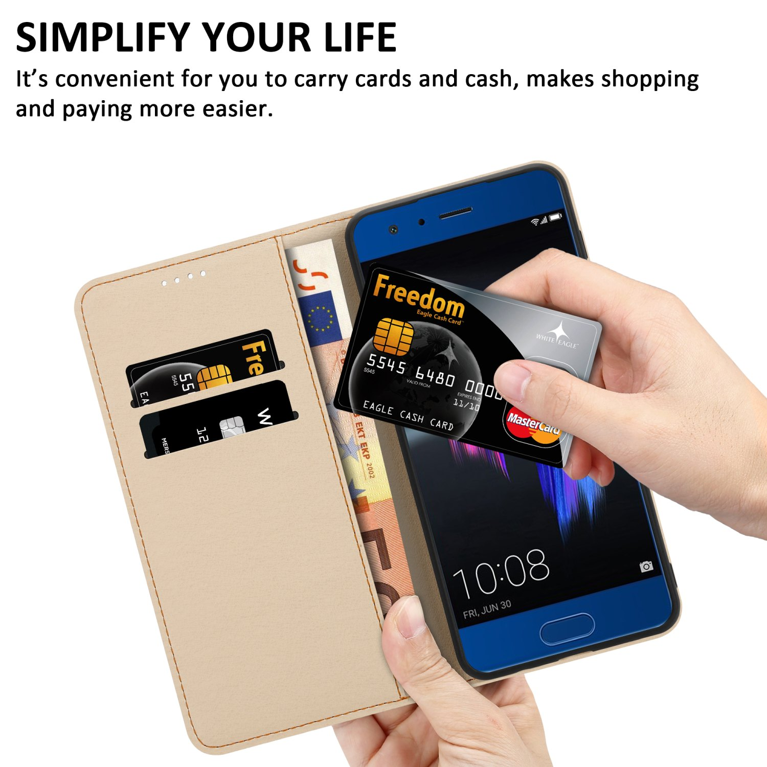Una custodia per telefono con scomparti per carte di credito, che mostra una carta di credito e un telefono con l'ora visualizzata.