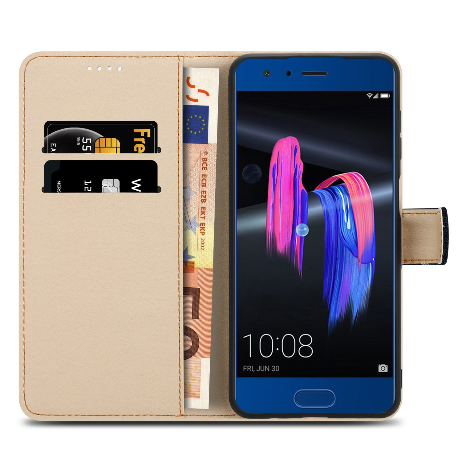 Telefono in una custodia a portafoglio beige, con contanti e carte di credito.