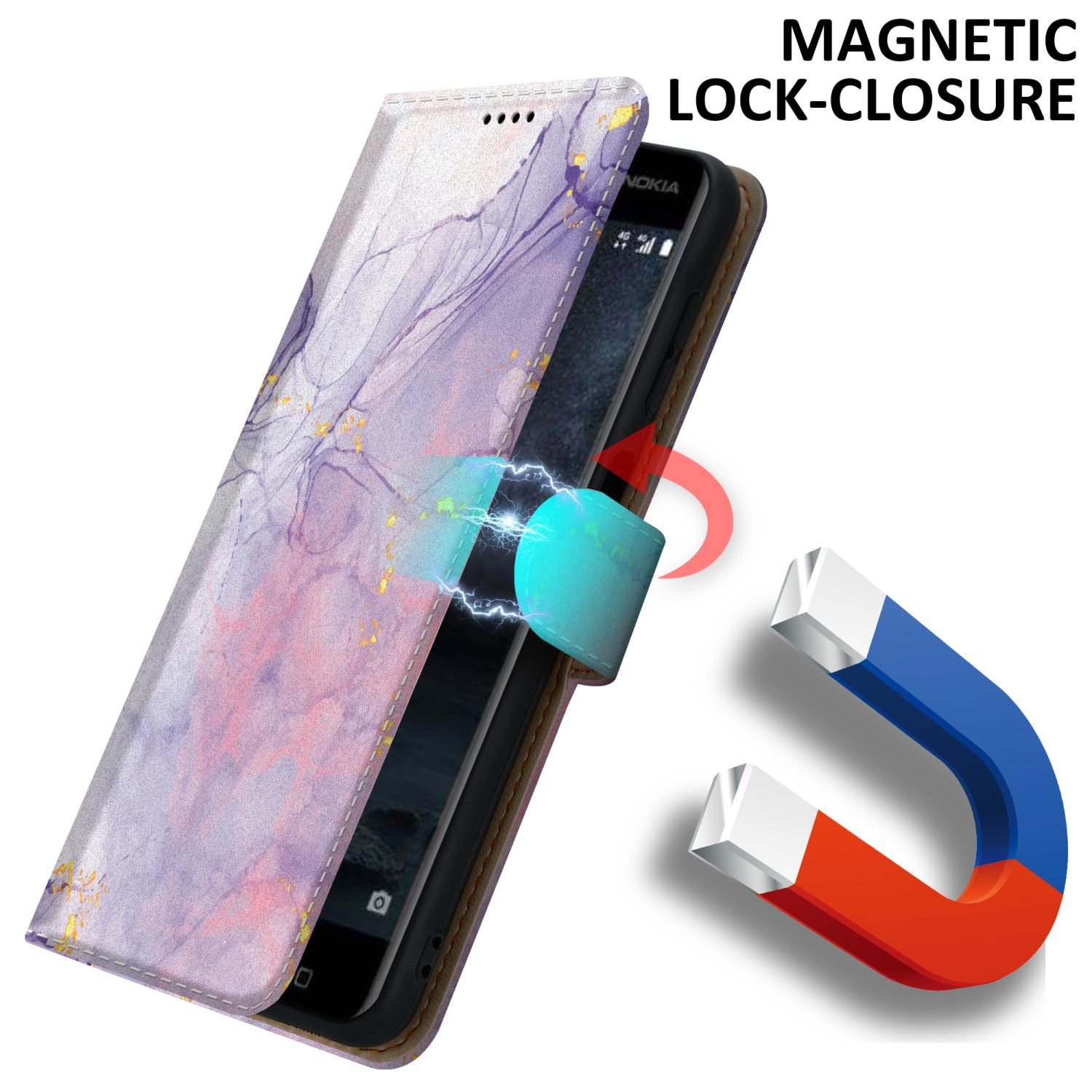 Un telefono con custodia a fantasia marmorizzata è aperto. Un magnete è mostrato mentre attrae la custodia.