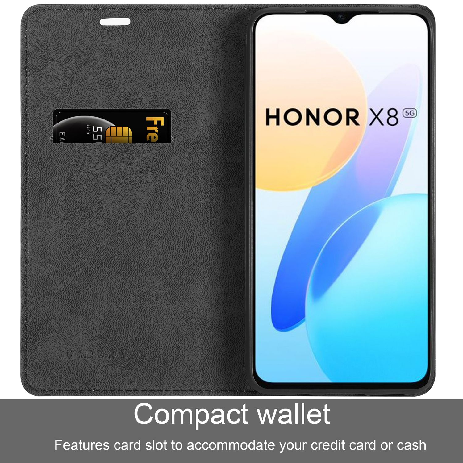 Una custodia per telefono nera con fessura per carta di credito. Il telefono mostra il logo HONOR X8 5G e la data.