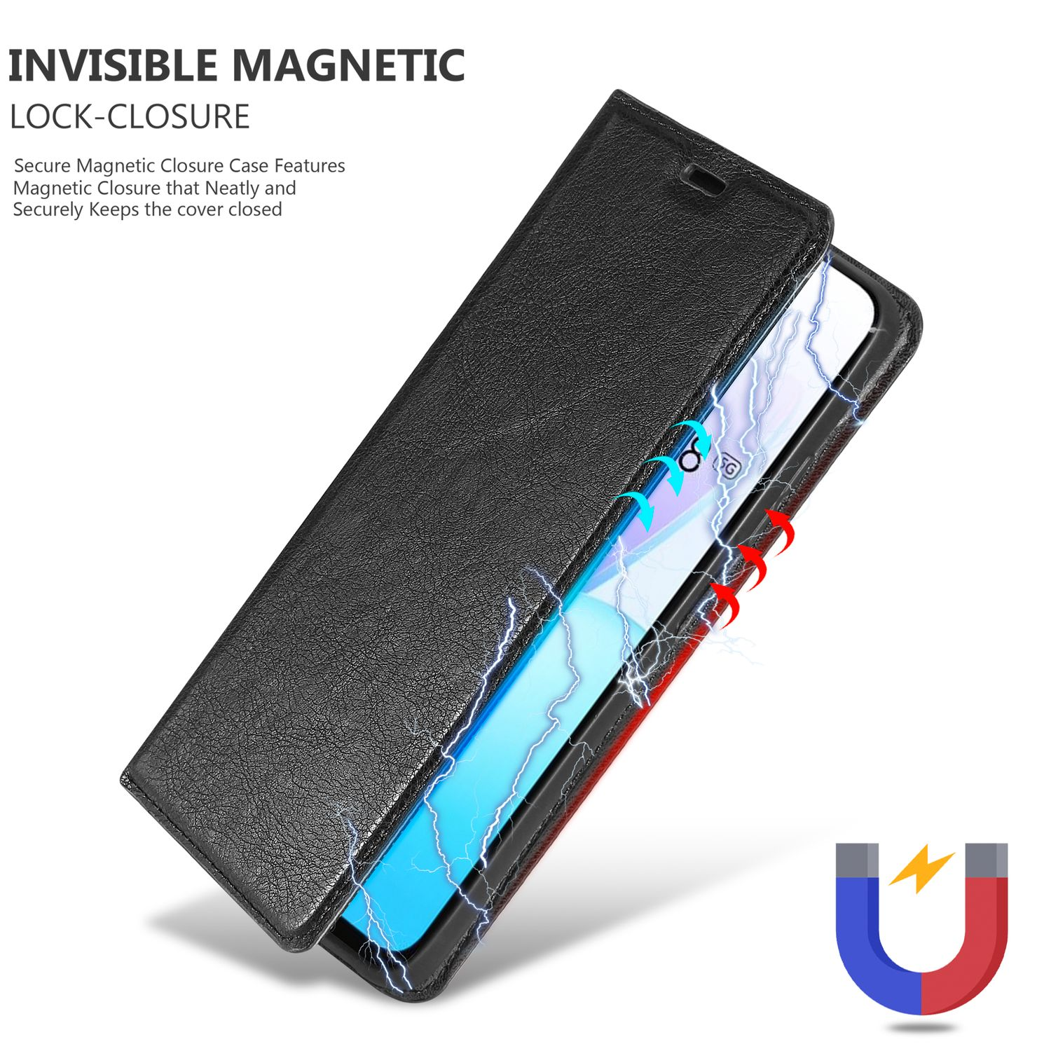 Custodia nera per telefono con chiusura magnetica, effetto luce blu.