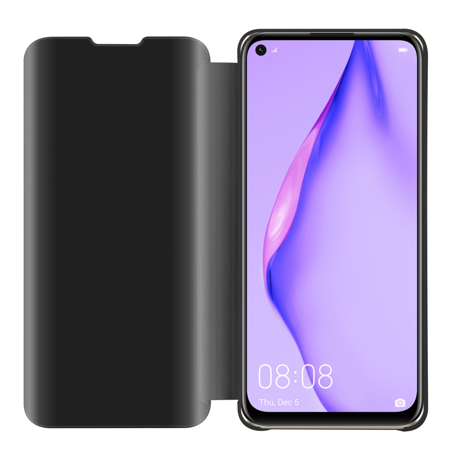 Schwarze Handyhülle mit Telefon darin. Das Telefon zeigt die Uhrzeit an. Die Hülle ist geöffnet.
