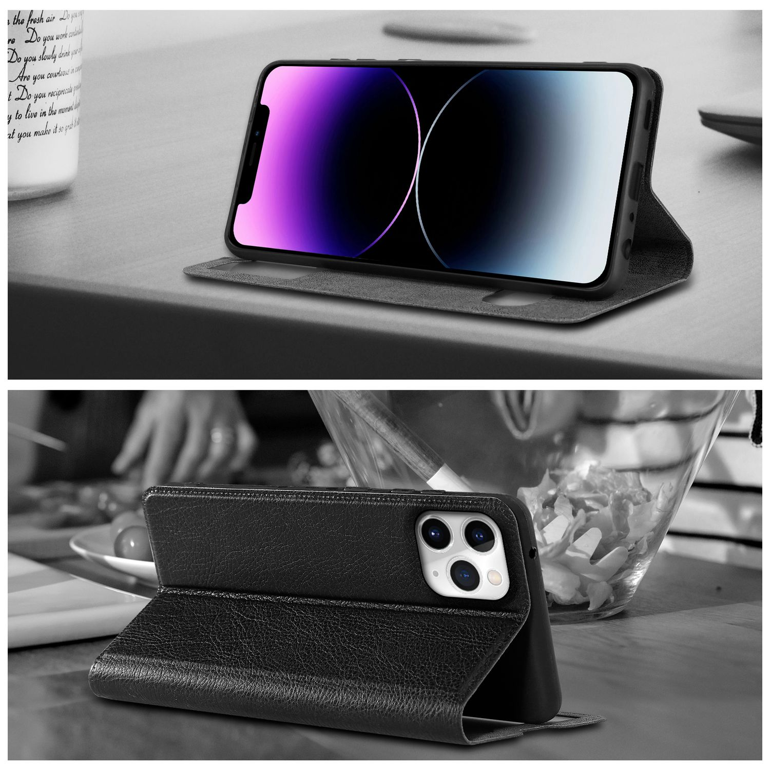 Telefono in custodia nera, su supporto. Tavolo nero sullo sfondo. È presente anche una tazza con testo.