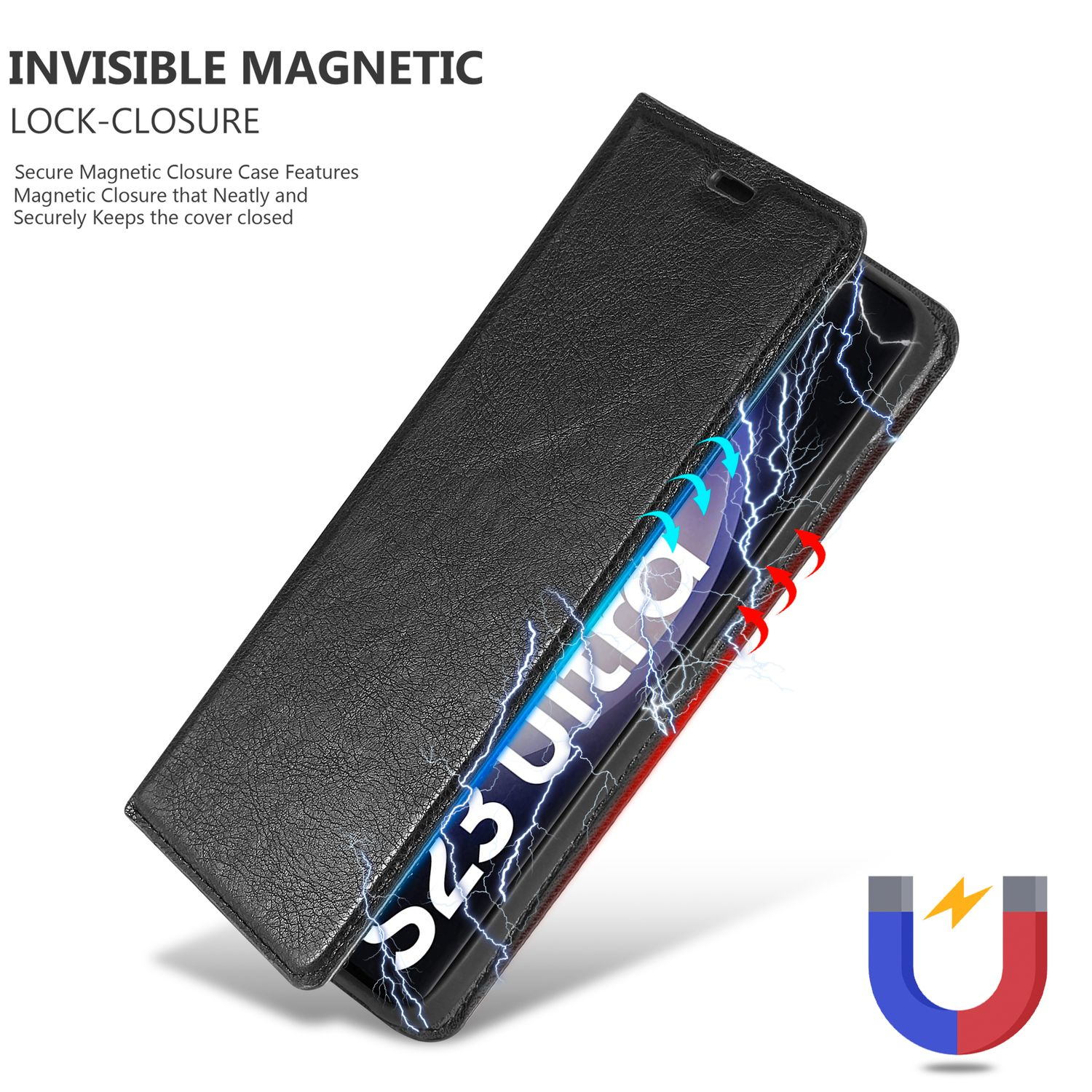 Custodia nera per telefono con chiusura magnetica e un telefono che mostra un fulmine.