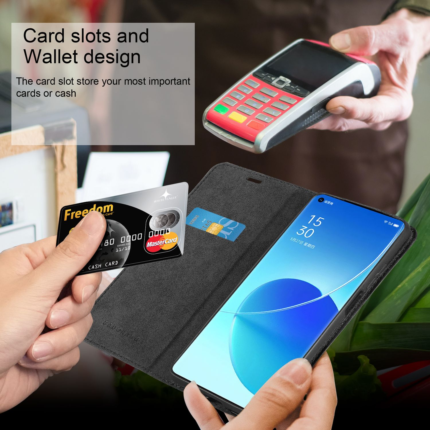 Custodia del telefono aperta con carta e telefono visibili. Slot per carte e design a portafoglio.