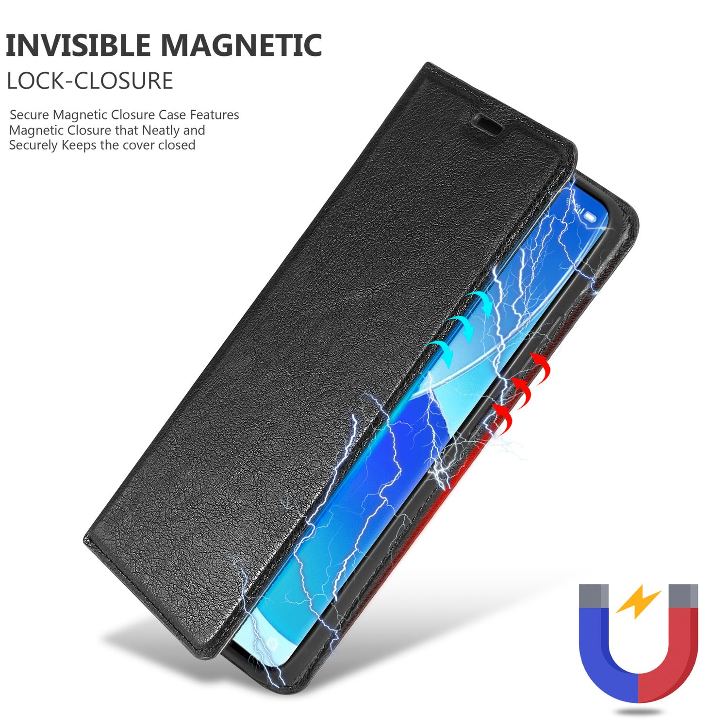 Custodia nera per telefono con chiusura magnetica, telefono all'interno. Visuali campo magnetico. Simbolo magnete a forma di U a destra.