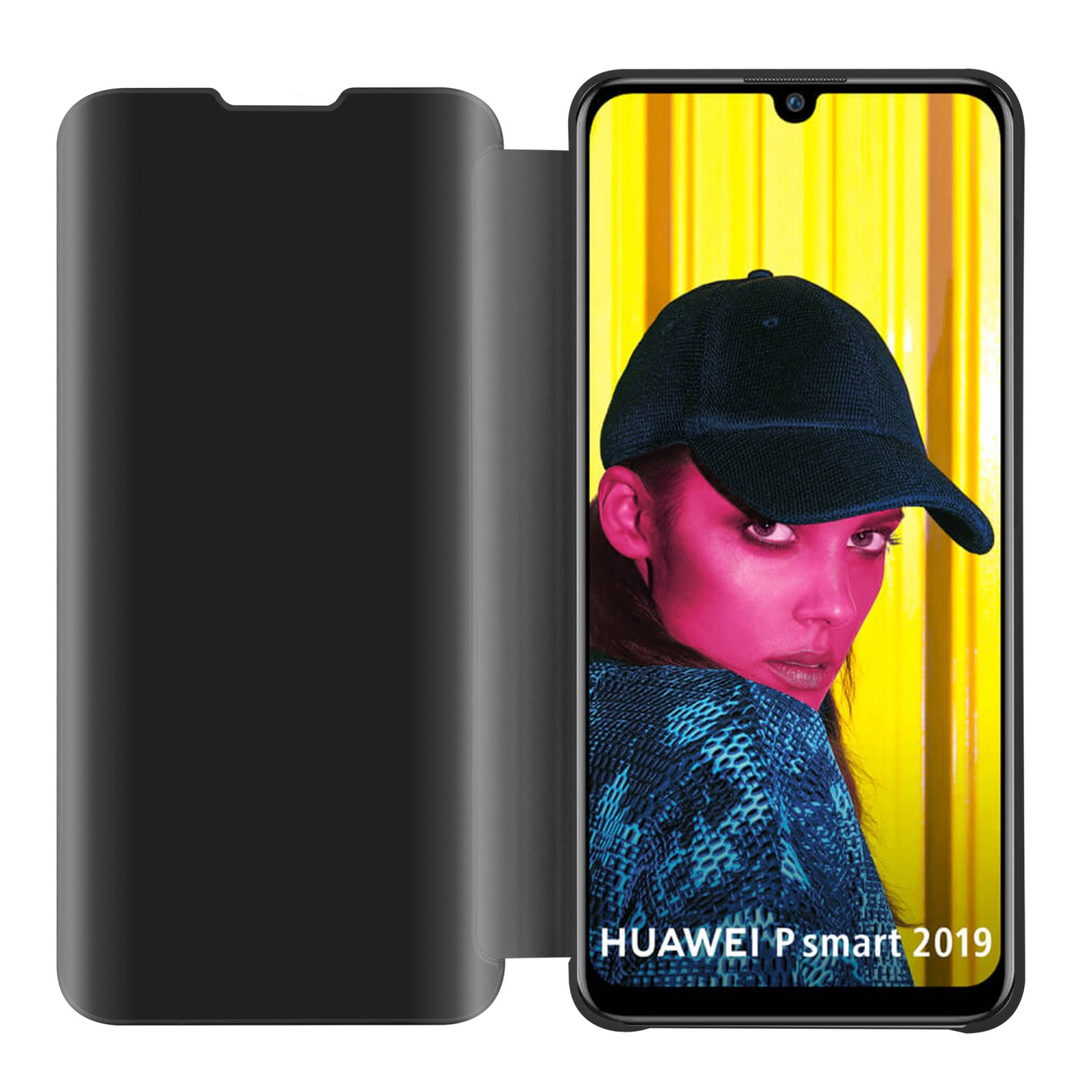Custodia nera. Il telefono mostra una donna con un cappello. Testo: HUAWEI P smart 2019.