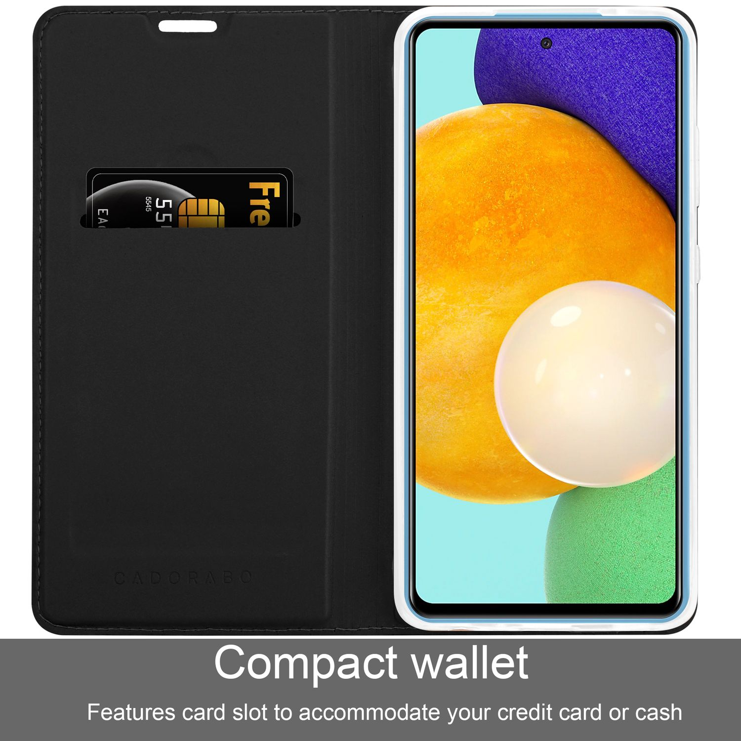 Custodia per telefono nera con slot per carte, con carta di credito e telefono con display colorato.