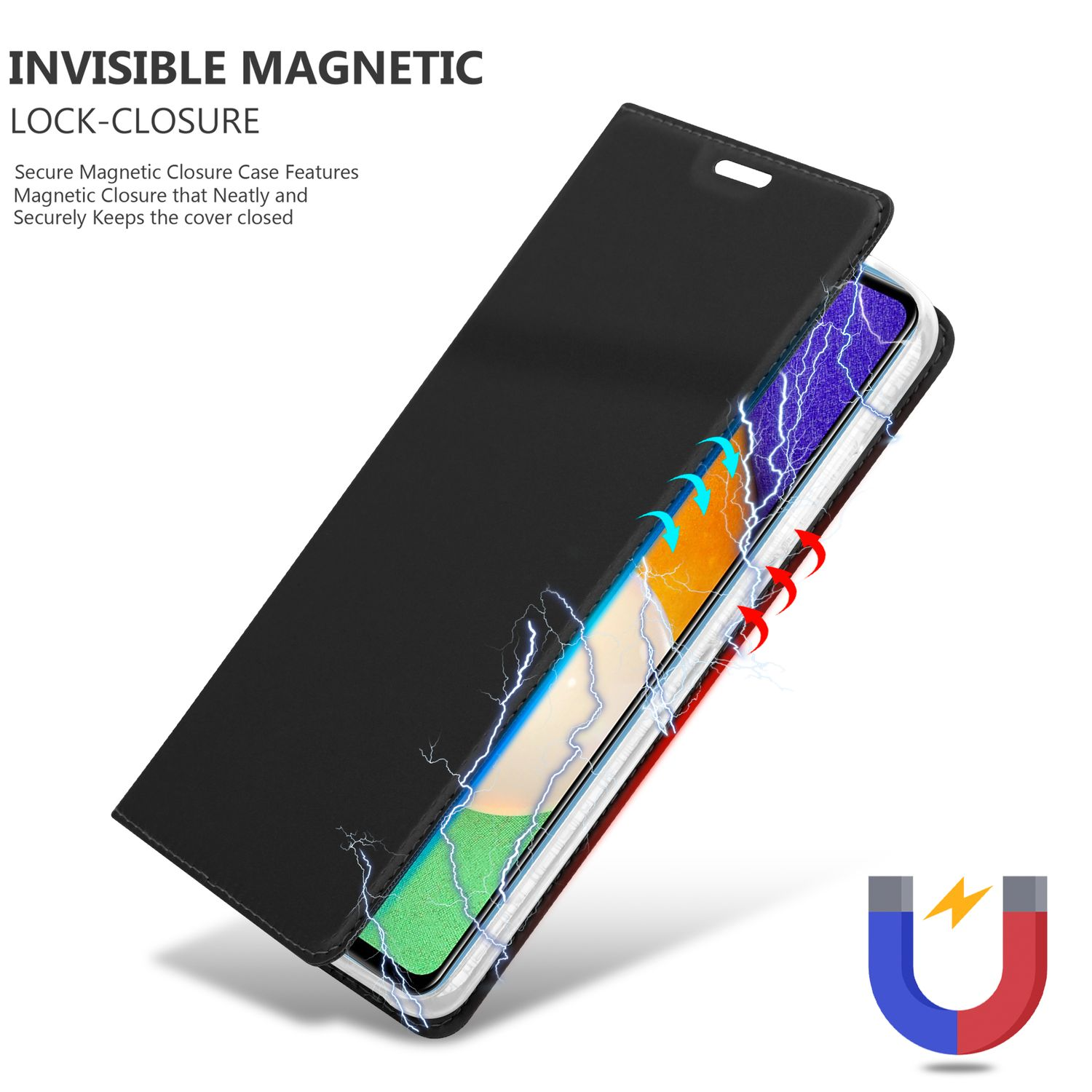 Custodia nera per telefono con telefono all'interno. La custodia è mostrata con chiusura magnetica e un magnete a forma di U.