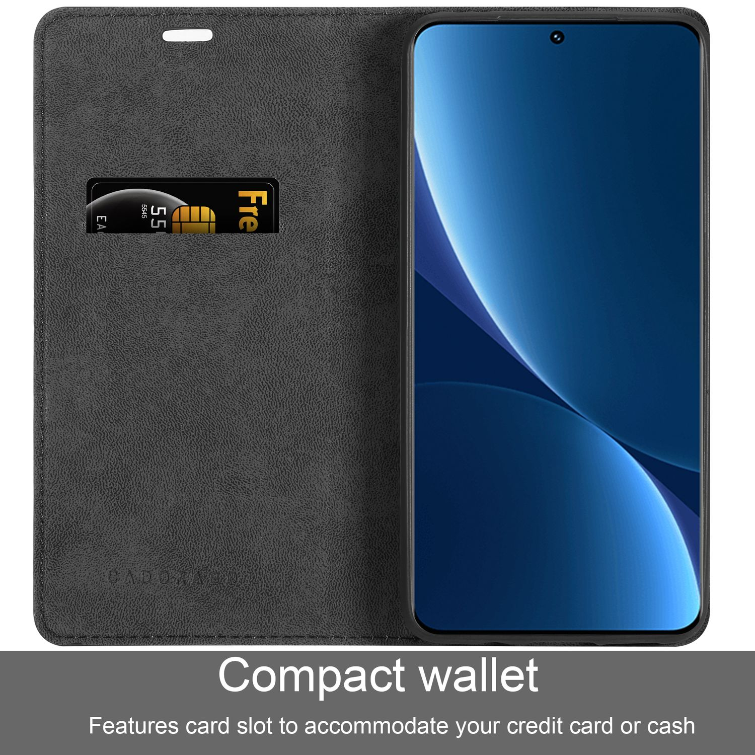 Una custodia per telefono con fessura per carte, con una carta e un telefono all'interno.