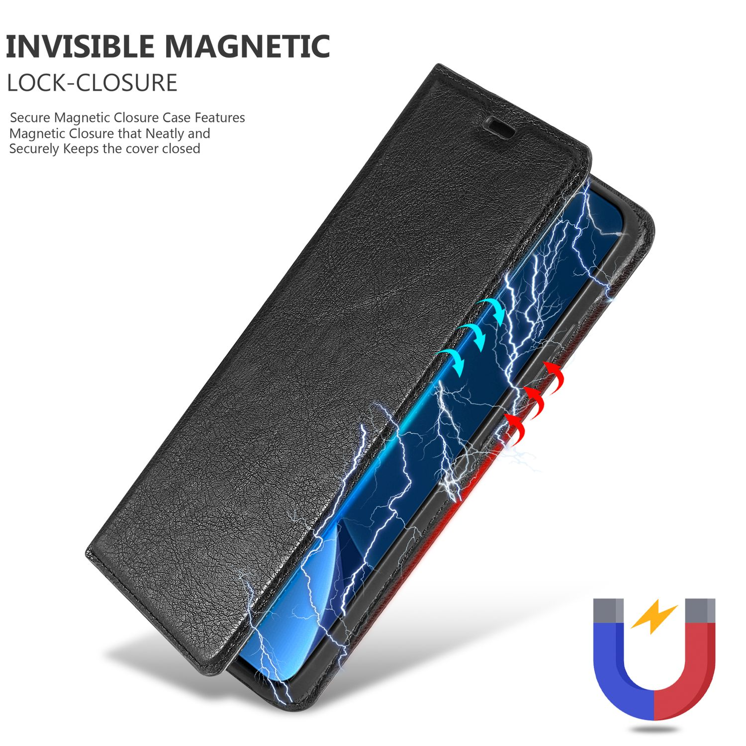 Custodia nera per telefono aperta, che mostra un telefono con fulmini e un magnete.