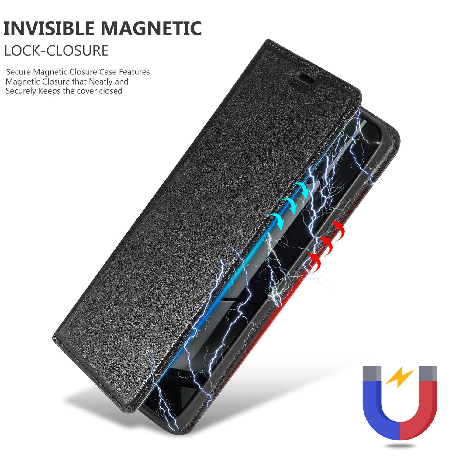 Custodia per telefono nera con chiusura magnetica e grafica a fulmine, aperta che mostra il telefono.