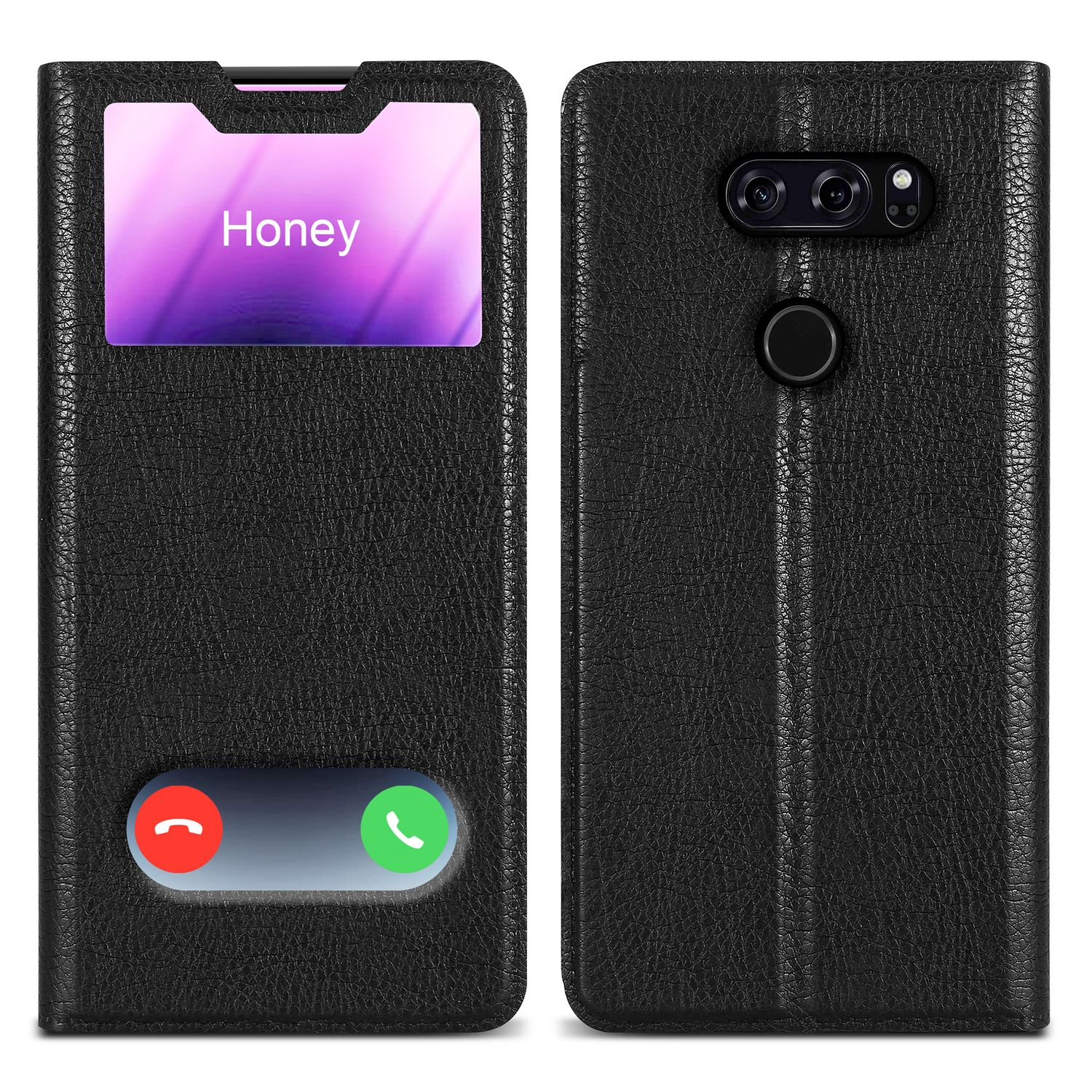 Schwarze Handyhülle mit Telefon, das Honey anzeigt. Rote und grüne Anruftasten sichtbar. Weißer Hintergrund.