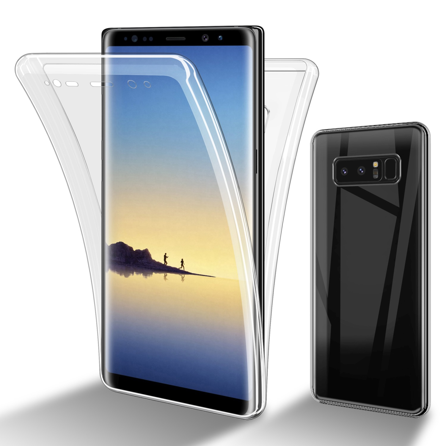 Telefon mit einer transparenten Kunststoffabdeckung. Das Telefon befindet sich vor einem Hintergrund einer Berglandschaft.
